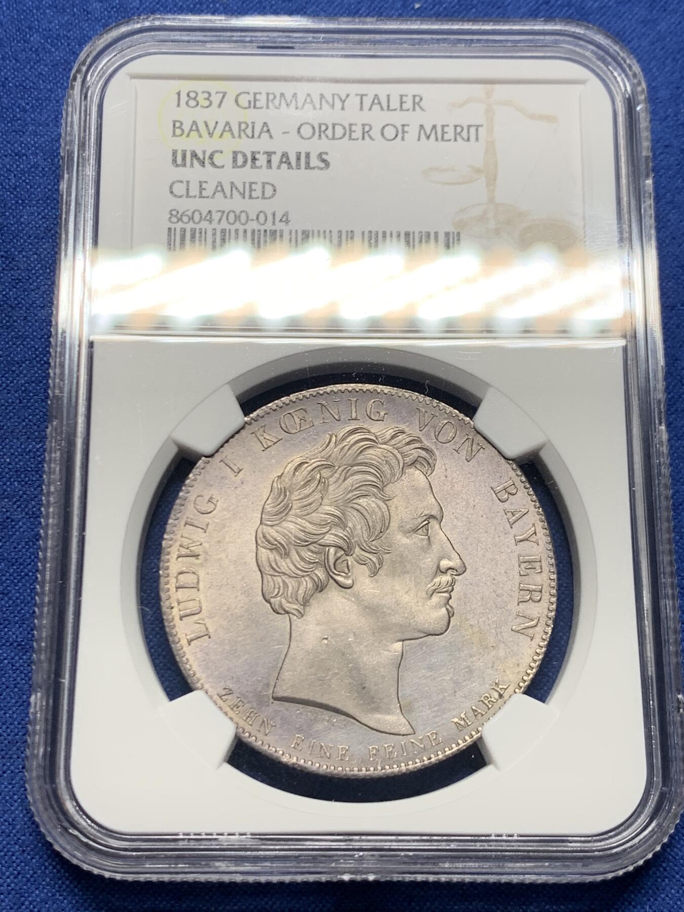 《竞宝斋》第456场 周日，周一，周二   3场连拍 （全场包邮）欢迎送拍 NGC UNC 德国 1837年 巴伐利亚 圣米迦勒勋章 泰勒大银币 包浆自然 底板细节都很不错