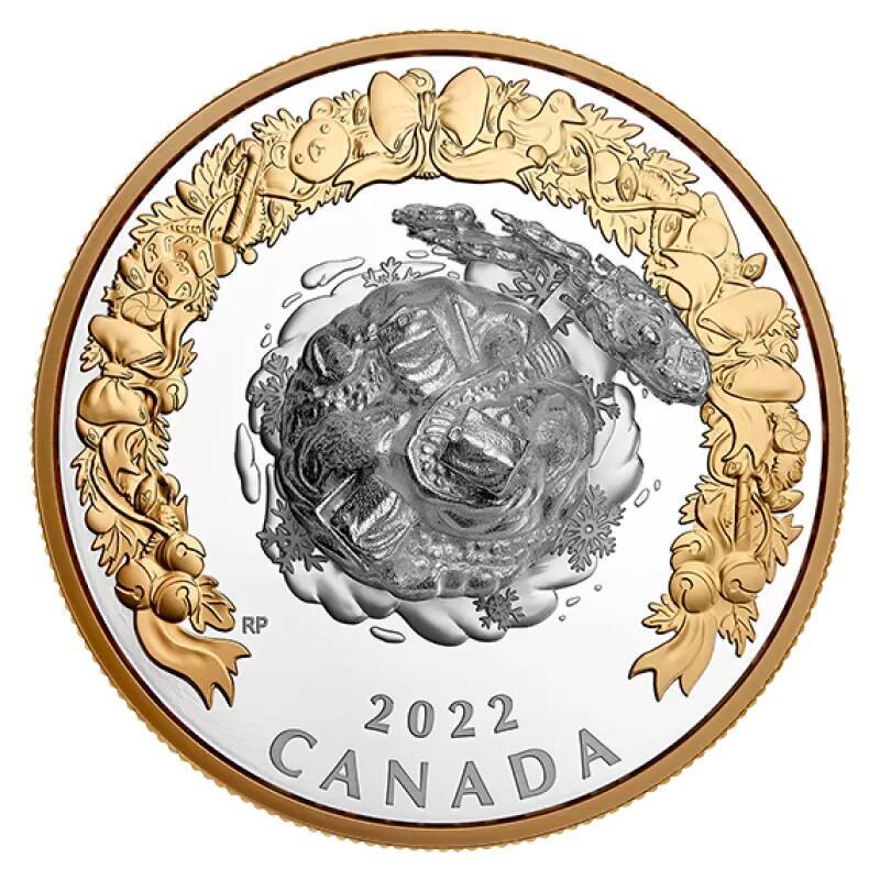 长老汇蛇年精选第九十三场拍卖 2022加拿大圣诞马车可旋转5盎司镀金精制银币，157.6克，9999银，3D打印技术，1000枚