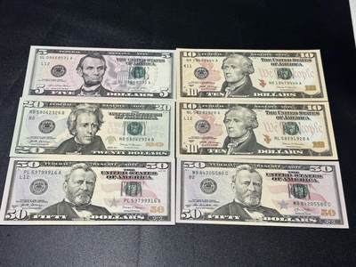 《外钞收藏家》第六百零二期（精品场）（本平台长期征集拍品、欢迎藏友们联系合作） - 美国彩版5-50美元 六张一起 全新UNC 4张无47 1张豹子号