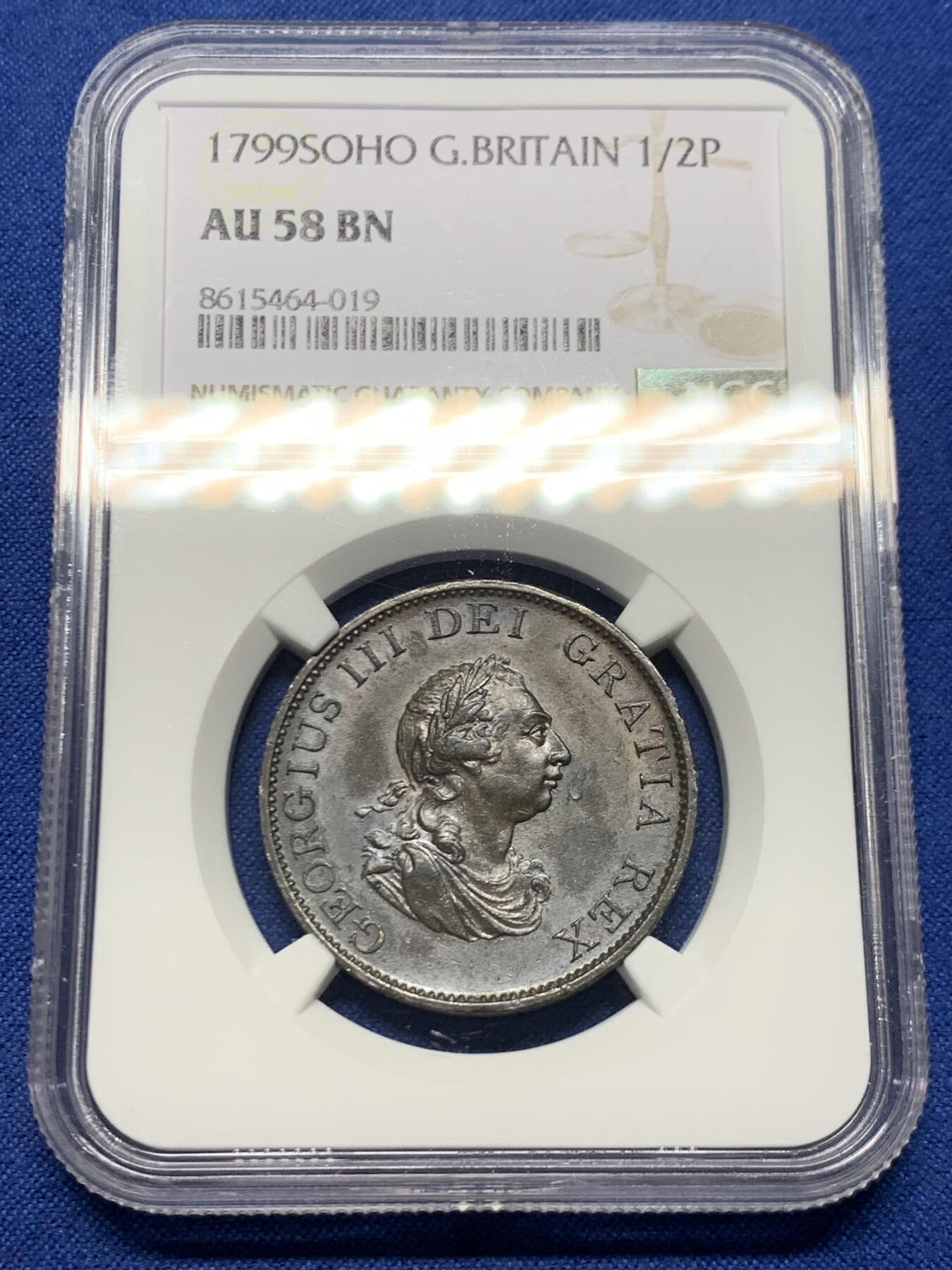 《竞宝斋》第456场 周日，周一，周二   3场连拍 （全场包邮）欢迎送拍 NGC AU58BN 英国 1799年 乔治三世 1/2便士铜币。铸造于Soho造币厂，采用了瓦特提供的蒸汽动力制造