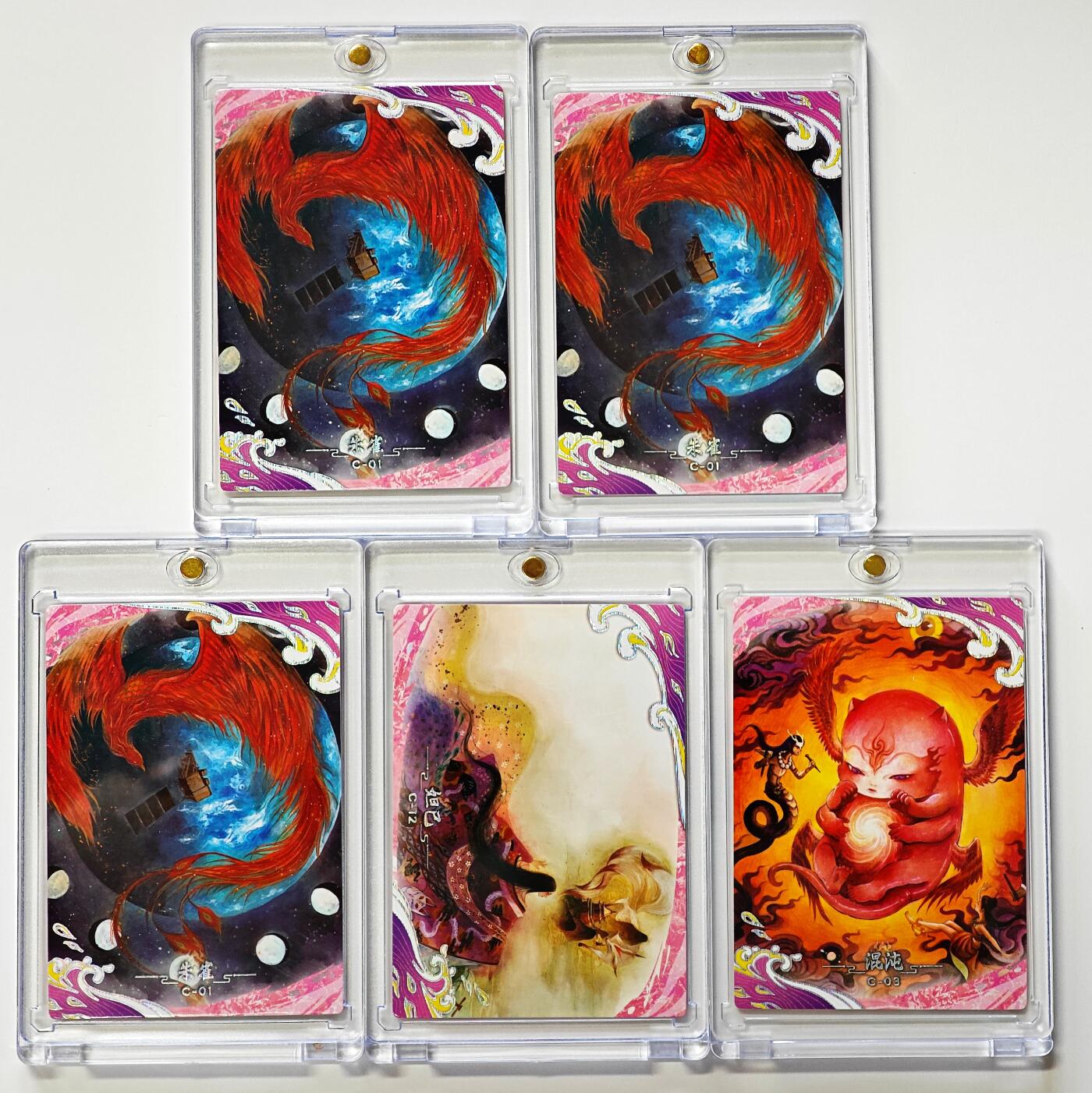 白泽拍卖卡牌手绘专场第31期（岁寒知松柏 春意已可期） 2025 卡动 中国神话 鹿溟山 5张 朱雀c-01，妲己c-12，混沌c-03  卡砖封装