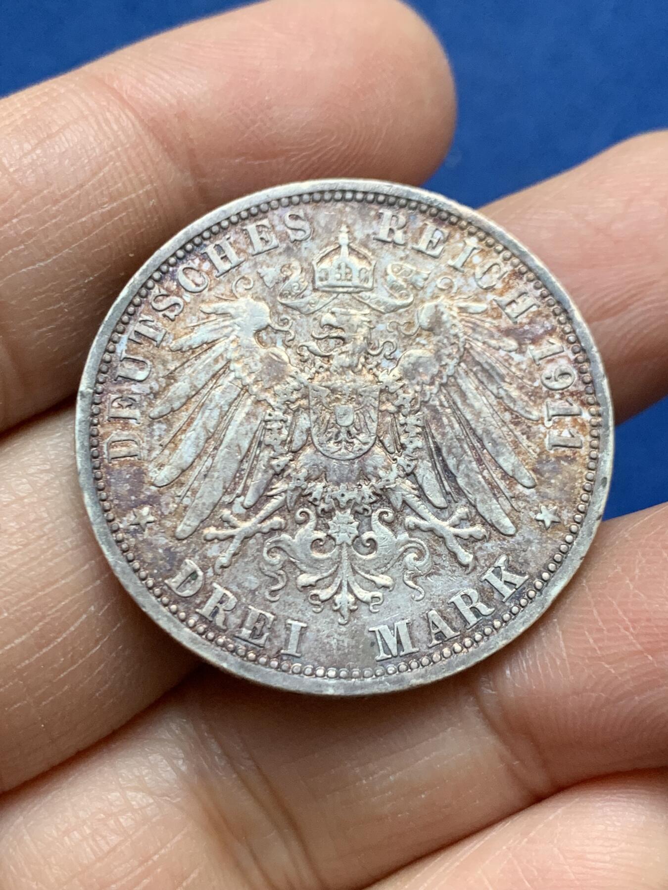 《竞宝斋》第456场 周日，周一，周二   3场连拍 （全场包邮）欢迎送拍 德国普鲁士1911年威廉二世流通3马克银币