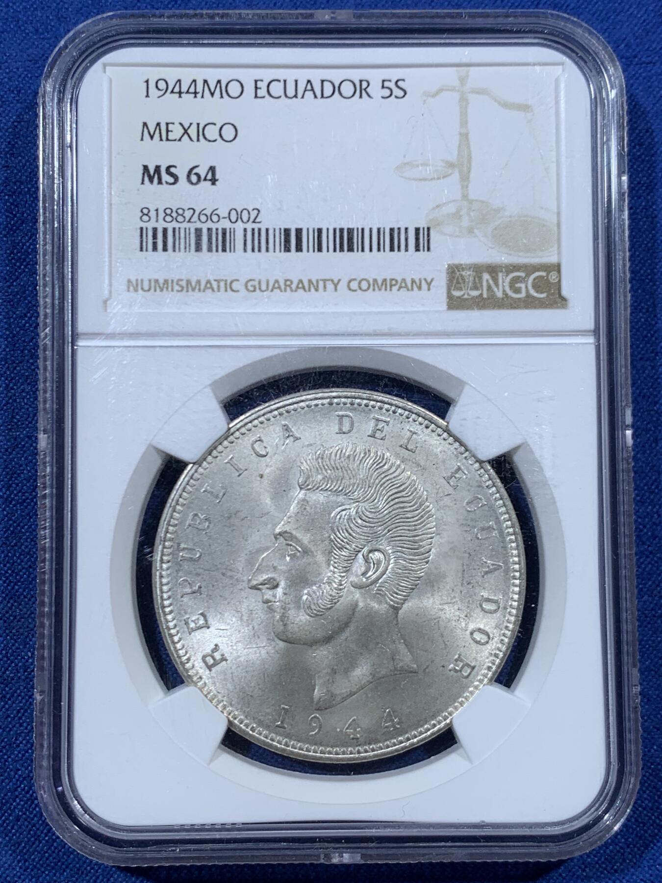 《竞宝斋》第456场 周日，周一，周二   3场连拍 （全场包邮）欢迎送拍 NGC MS64 厄瓜多尔1944年5苏克雷银币