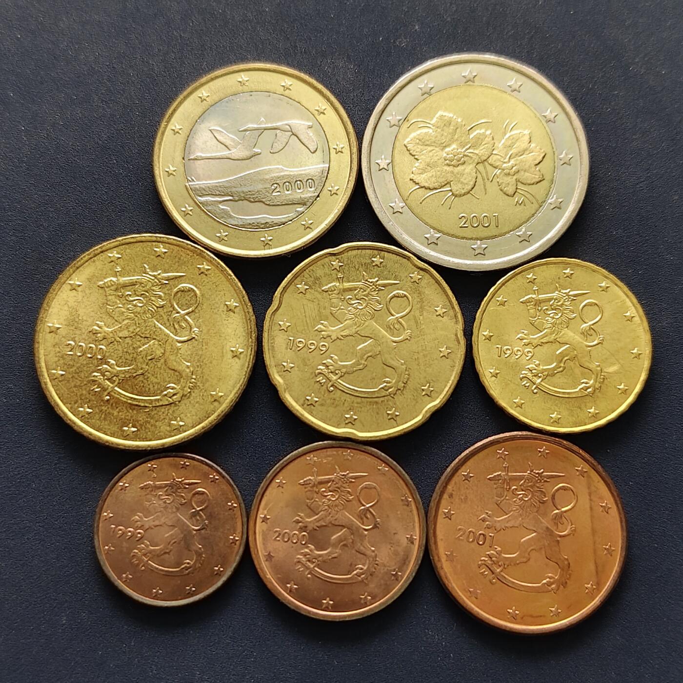 【全场包邮】纯粹捡漏拍494场 芬兰1999-2001年首发版欧元8枚套币