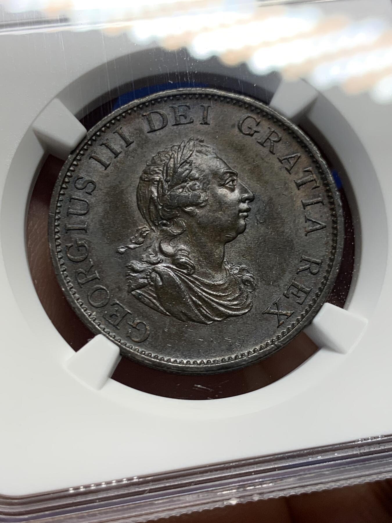 《竞宝斋》第456场 周日，周一，周二   3场连拍 （全场包邮）欢迎送拍 NGC AU58BN 英国 1799年 乔治三世 1/2便士铜币。铸造于Soho造币厂，采用了瓦特提供的蒸汽动力制造