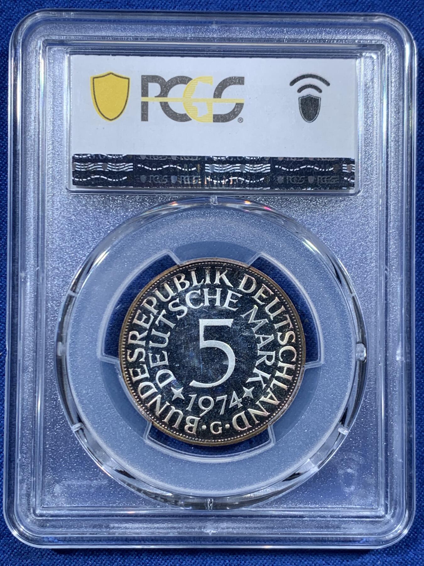 《竞宝斋》第456场 周日，周一，周二   3场连拍 （全场包邮）欢迎送拍 PCGS PR66DCAM 德国 1974G 无毛鹰5马克精制银币