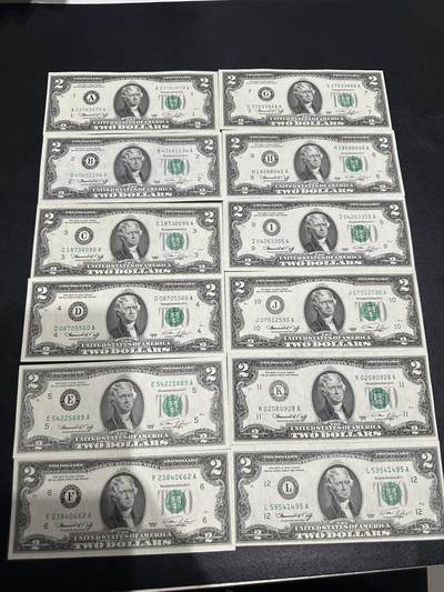 《外钞收藏家》第六百零二期（精品场）（本平台长期征集拍品、欢迎藏友们联系合作） - 1976年美国2美元 地区全套 A-L冠 12张全新 轻个别微潮 有1张差点