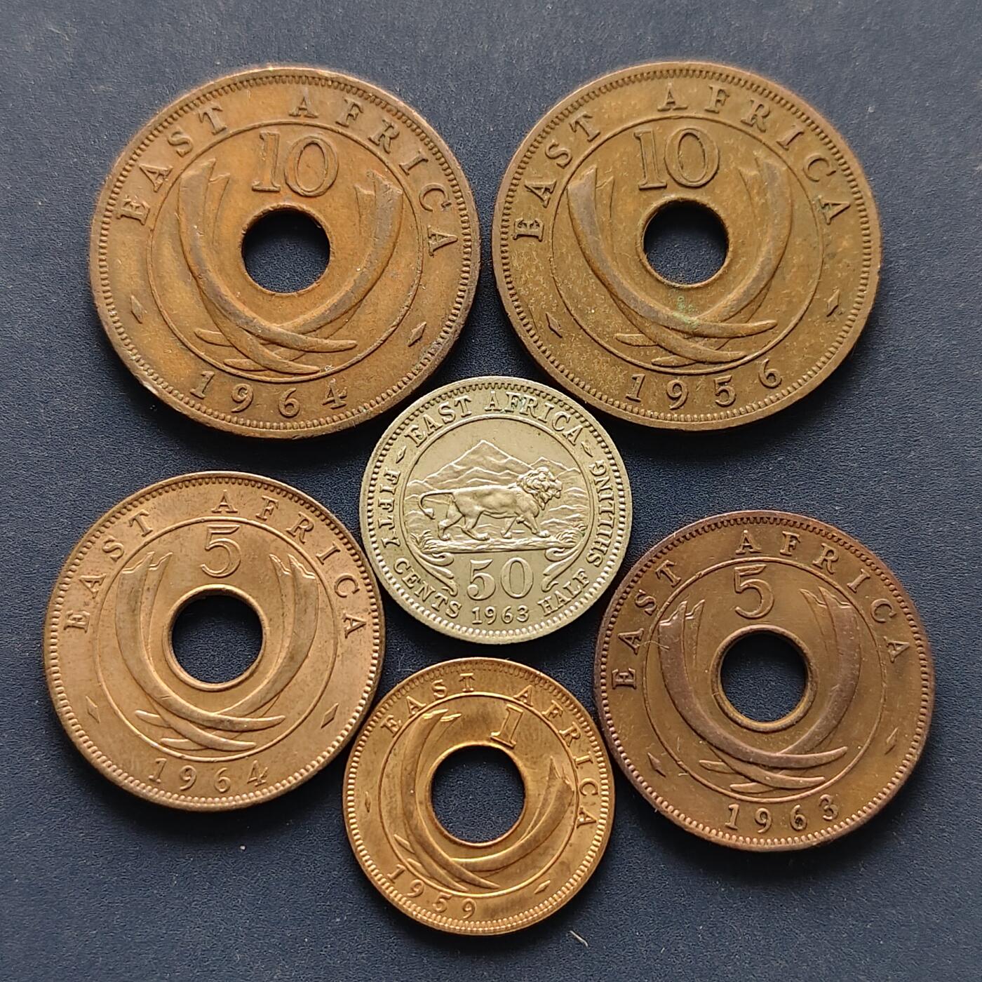 【全场包邮】纯粹捡漏拍494场 东非1956-1964年女王版+独立过渡版6枚套币