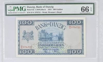 🎉🎉🎉《外钞收藏家》第六百期（年度庆典场）（本平台长期征集拍品、欢迎藏友们联系合作）❤️❤️❤️ - 1931年但泽100盾 PMG66 BWC印刷 稀少品种 这张币国外目前特别火 但泽此版纸币自1924年发行至1938年。