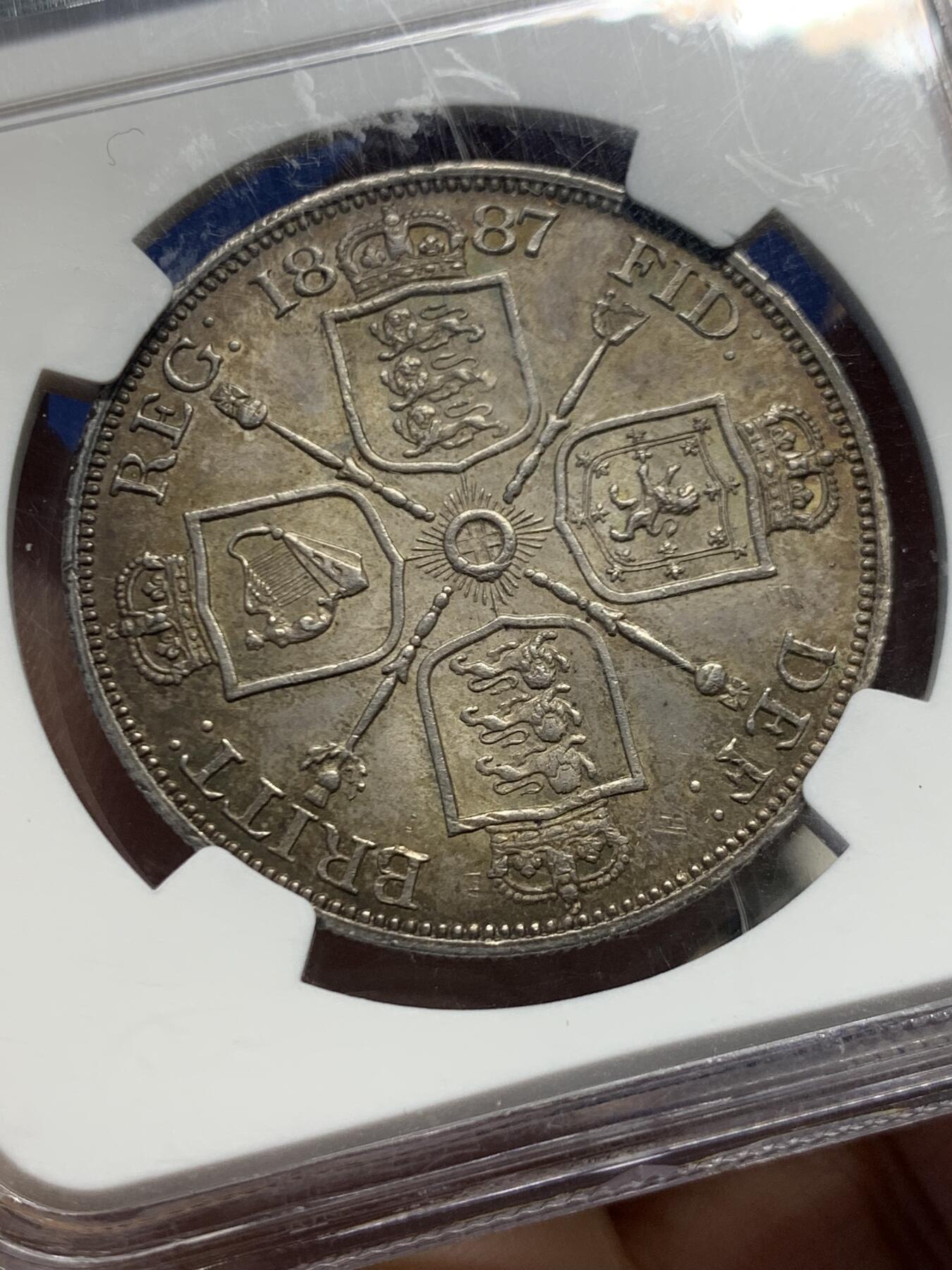 《竞宝斋》第456场 周日，周一，周二   3场连拍 （全场包邮）欢迎送拍 NGC MS63 英国1887年维多利亚高冠双弗洛林4S银币 高分罗马1版本