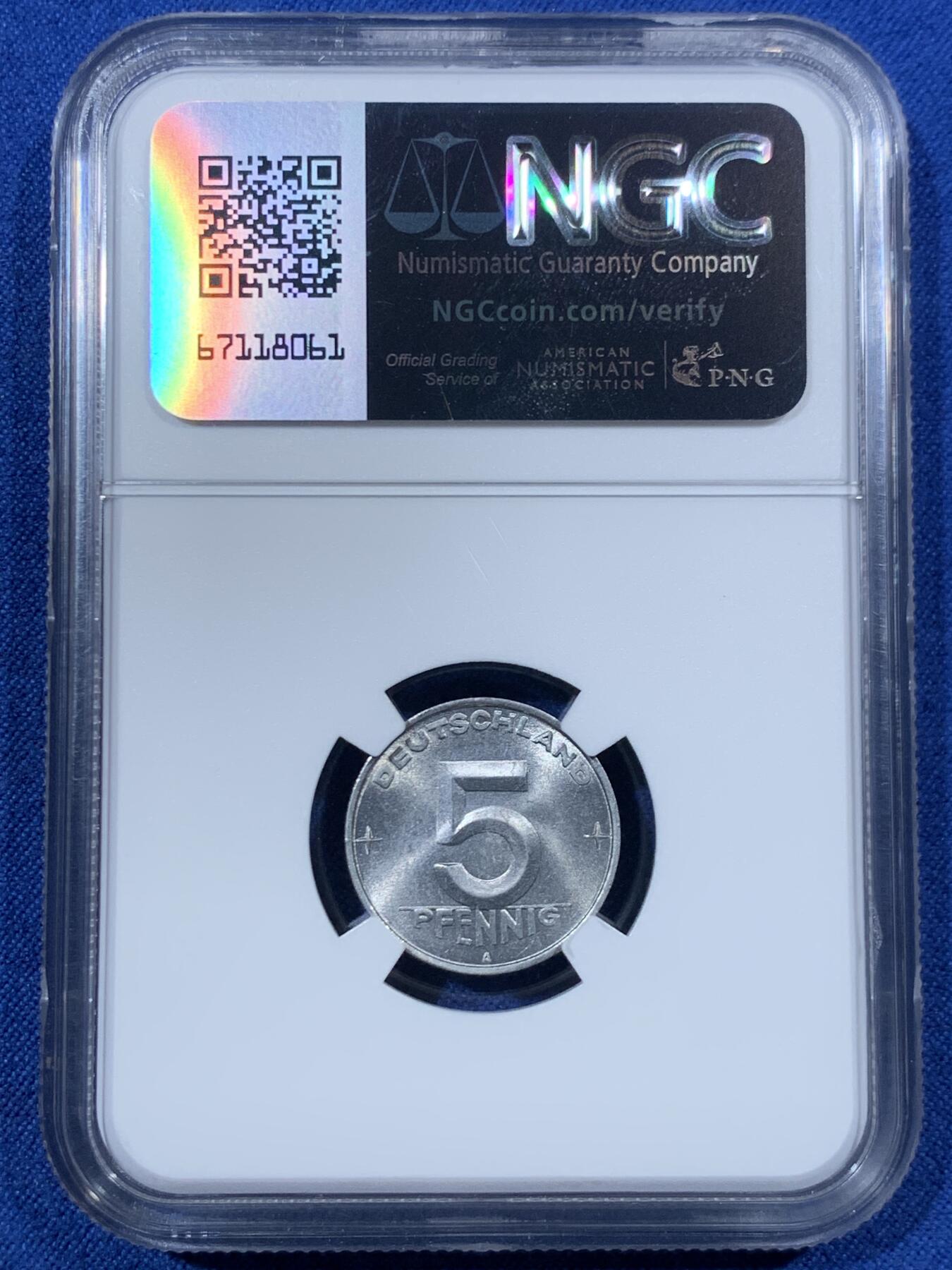 《竞宝斋》第456场 周日，周一，周二   3场连拍 （全场包邮）欢迎送拍 NGC MS63 东德1953年5芬尼早期铝币 好品少见