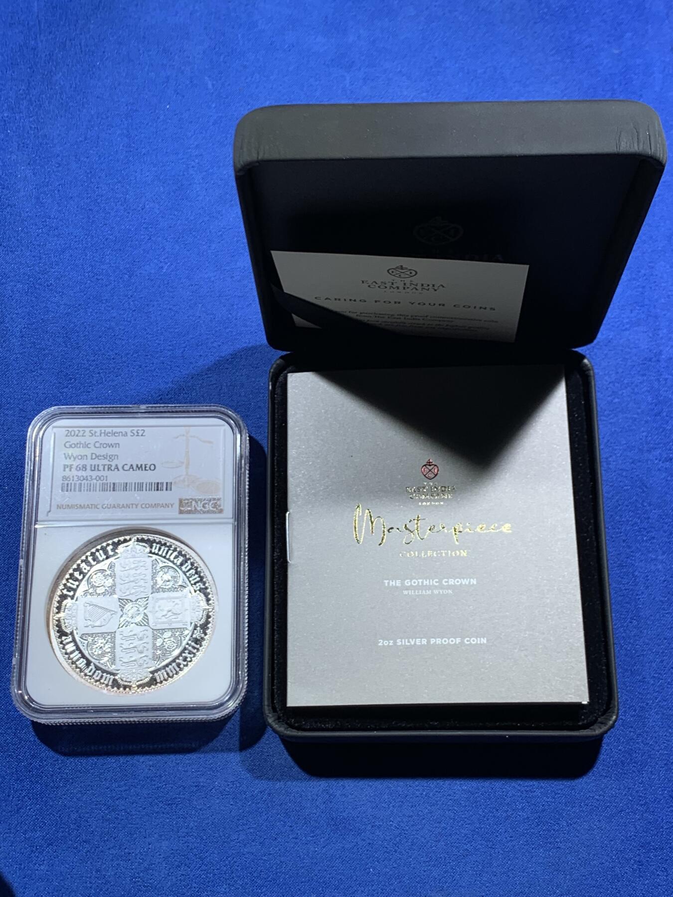 《竞宝斋》第456场 周日，周一，周二   3场连拍 （全场包邮）欢迎送拍 NGC PF68UC 圣赫勒拿2022年哥特皇冠2英镑高浮雕镜面精制银币，哥特式克朗币（怀恩设计，复刻经典），重2盎司，999银，原盒，证书。