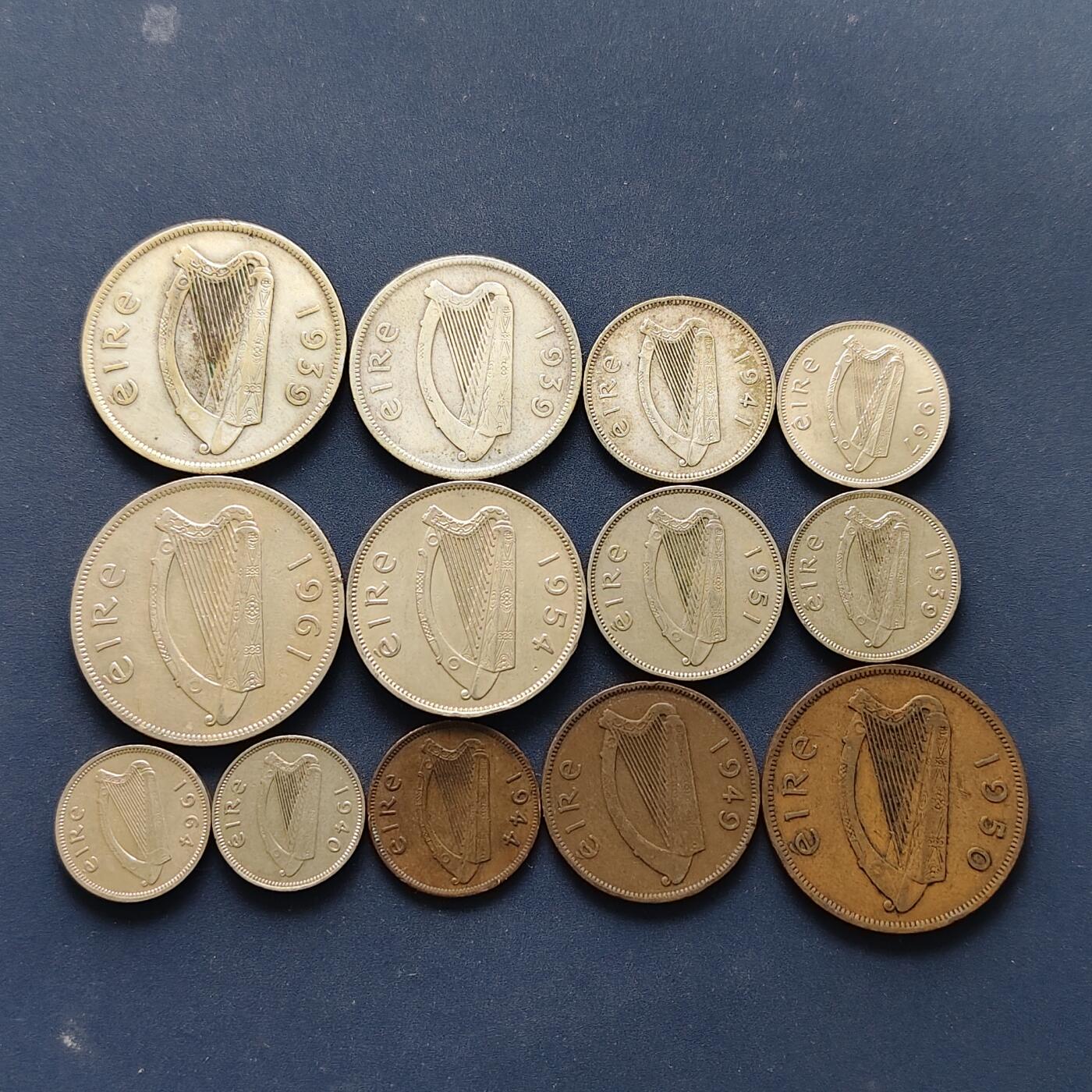 【全场包邮】纯粹捡漏拍495场-持续更新中 爱尔兰1939-1967年十二进制版3银7镍3铜大全套【纯银价约467元（按20元银价折算）】