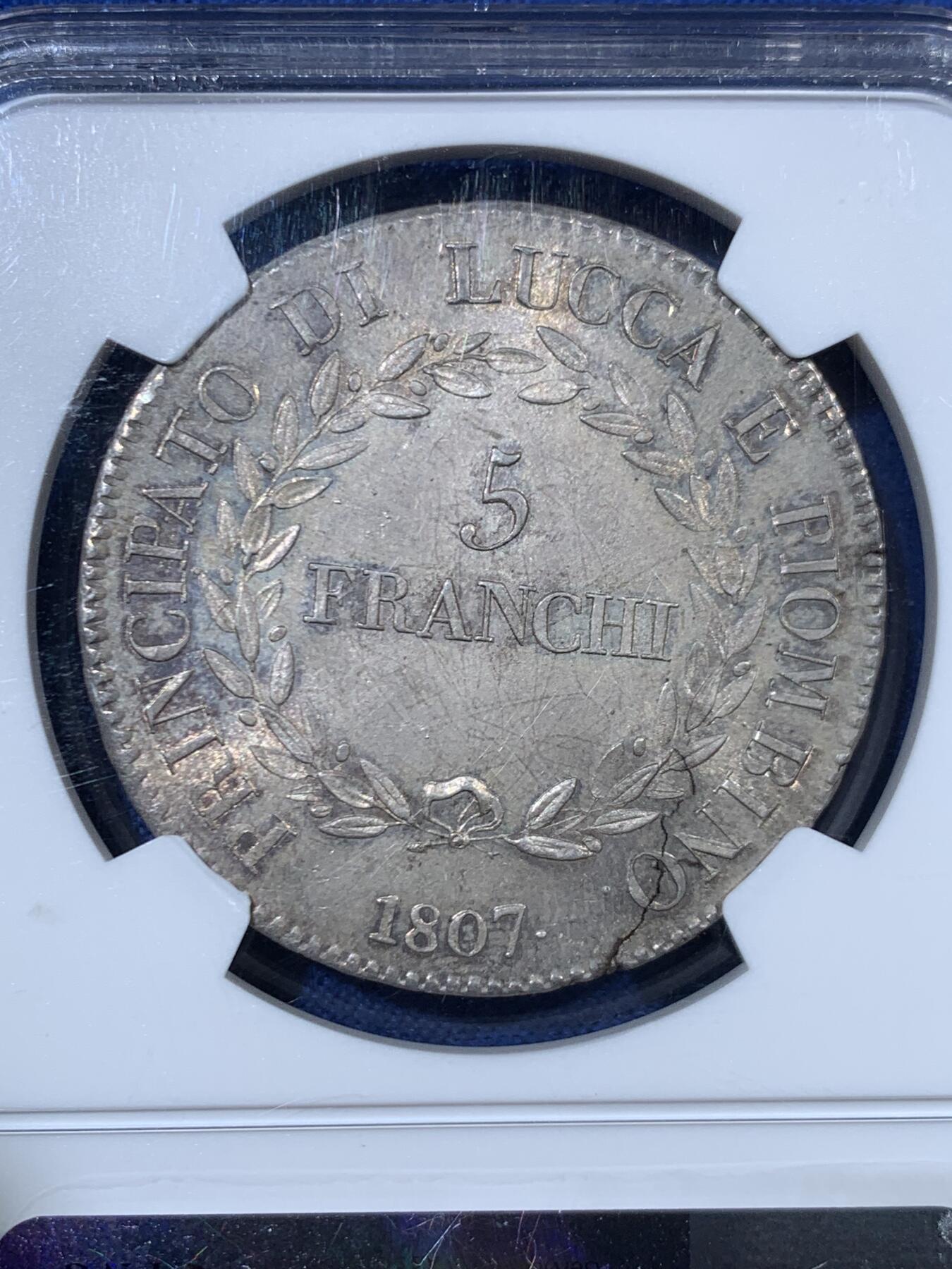 《竞宝斋》第456场 周日，周一，周二   3场连拍 （全场包邮）欢迎送拍 唯一冠军分 NGC MS64+ 意大利卢卡1807年 5法郎大银币 包浆打制都非常好 顶级状态 可遇不可求 24年64分21000成交