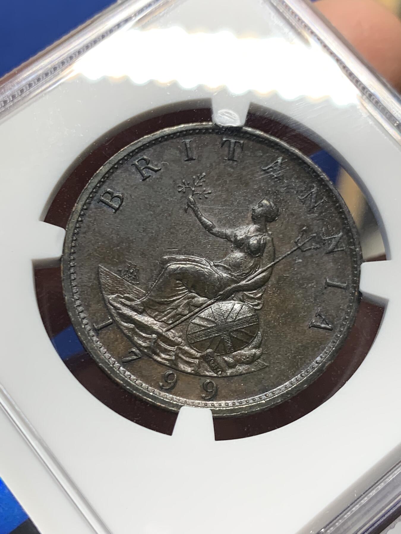 《竞宝斋》第456场 周日，周一，周二   3场连拍 （全场包邮）欢迎送拍 NGC AU58BN 英国 1799年 乔治三世 1/2便士铜币。铸造于Soho造币厂，采用了瓦特提供的蒸汽动力制造