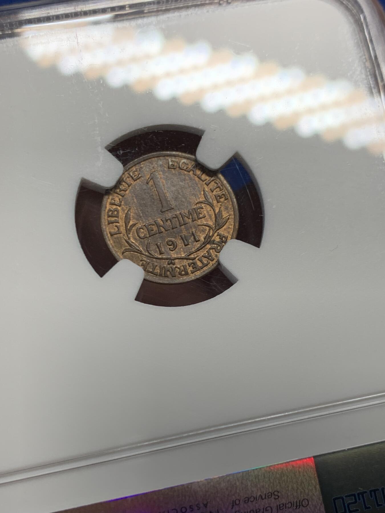 《竞宝斋》第456场 周日，周一，周二   3场连拍 （全场包邮）欢迎送拍 NGC MS63BN 法国1911年1分铜币