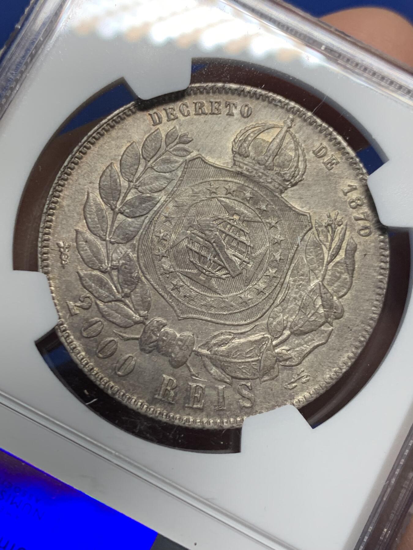 《竞宝斋》第456场 周日，周一，周二   3场连拍 （全场包邮）欢迎送拍 NGC AUD 巴西1889年2000里斯大银币 原味包浆味道不错