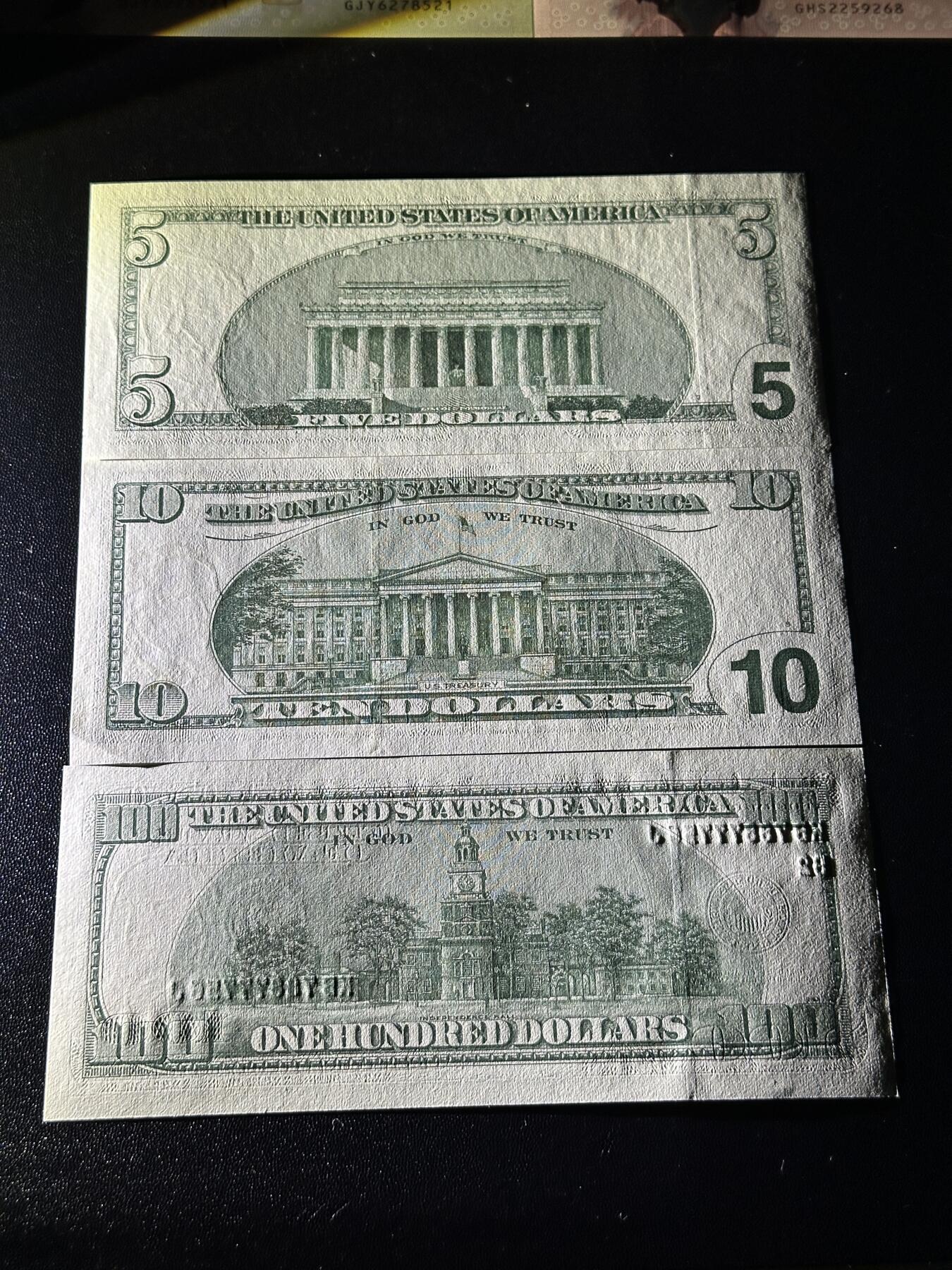 《外钞收藏家》第六百零二期（精品场）（本平台长期征集拍品、欢迎藏友们联系合作） 美国大头版5、10、100美元 3张一起 除了10元一个角软折 其他全新很绝