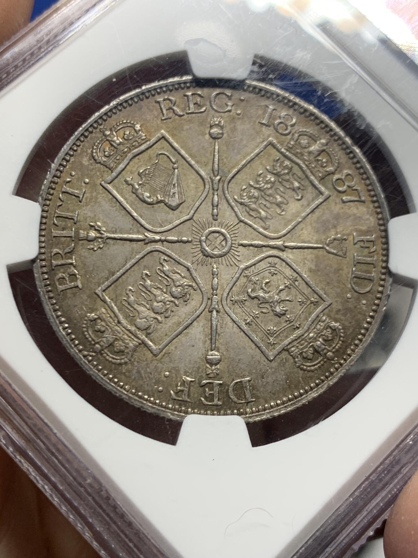 《竞宝斋》第456场 周日，周一，周二   3场连拍 （全场包邮）欢迎送拍 NGC MS63 英国1887年维多利亚高冠双弗洛林4S银币 高分罗马1版本