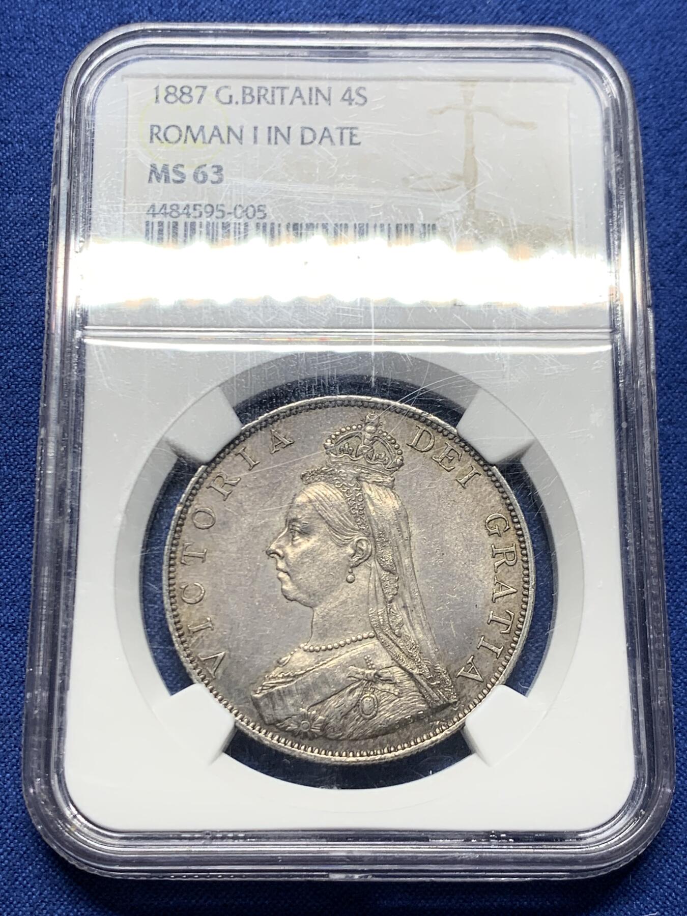 《竞宝斋》第456场 周日，周一，周二   3场连拍 （全场包邮）欢迎送拍 NGC MS63 英国1887年维多利亚高冠双弗洛林4S银币 高分罗马1版本