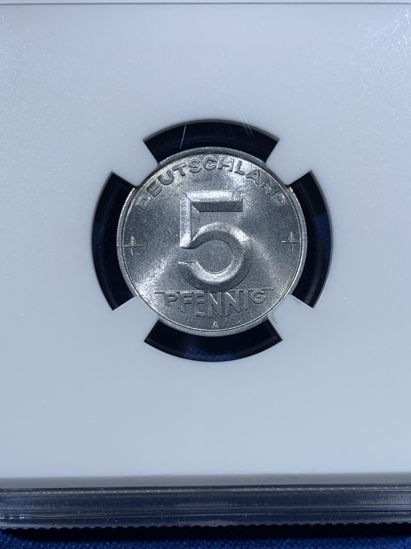 《竞宝斋》第456场 周日，周一，周二   3场连拍 （全场包邮）欢迎送拍 NGC MS63 东德1953年5芬尼早期铝币 好品少见