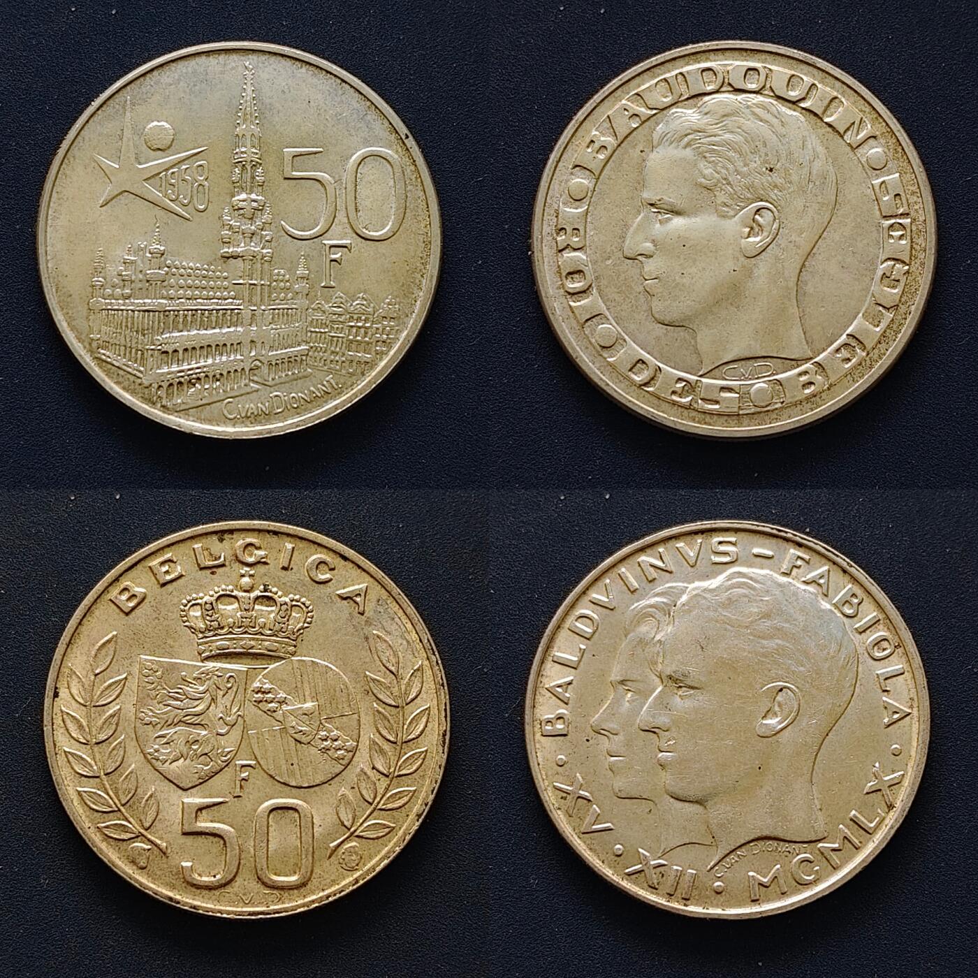 【全场包邮】纯粹捡漏拍495场-持续更新中 比利时1958-1960年50法郎纪念币2枚一组【纯银价约416元（按20元银价折算）】