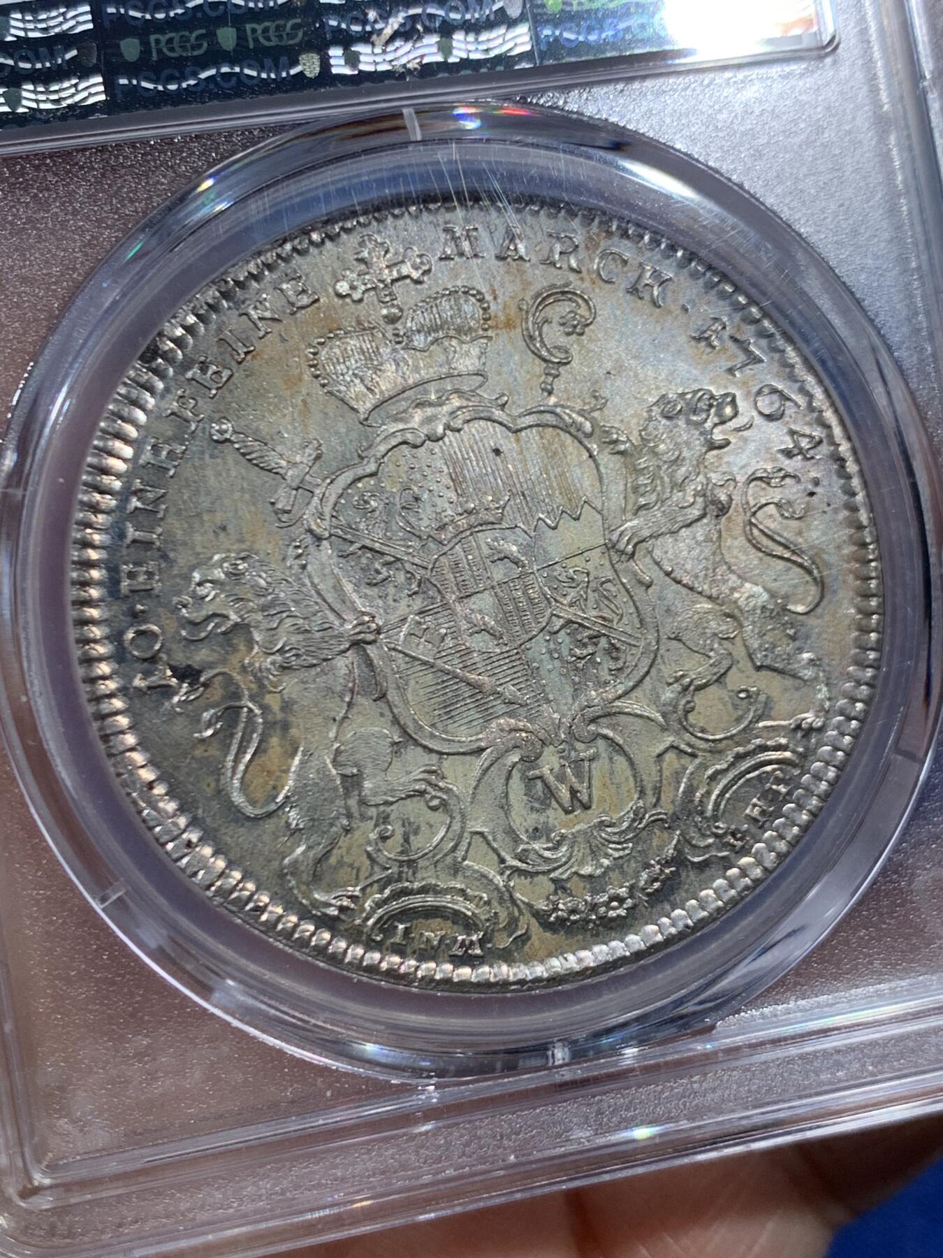 《竞宝斋》第456场 周日，周一，周二   3场连拍 （全场包邮）欢迎送拍 唯一冠军 PCGS MS63 德国 1764 维尔茨堡主教区 泰勒大银币 PL质感 极美藏品