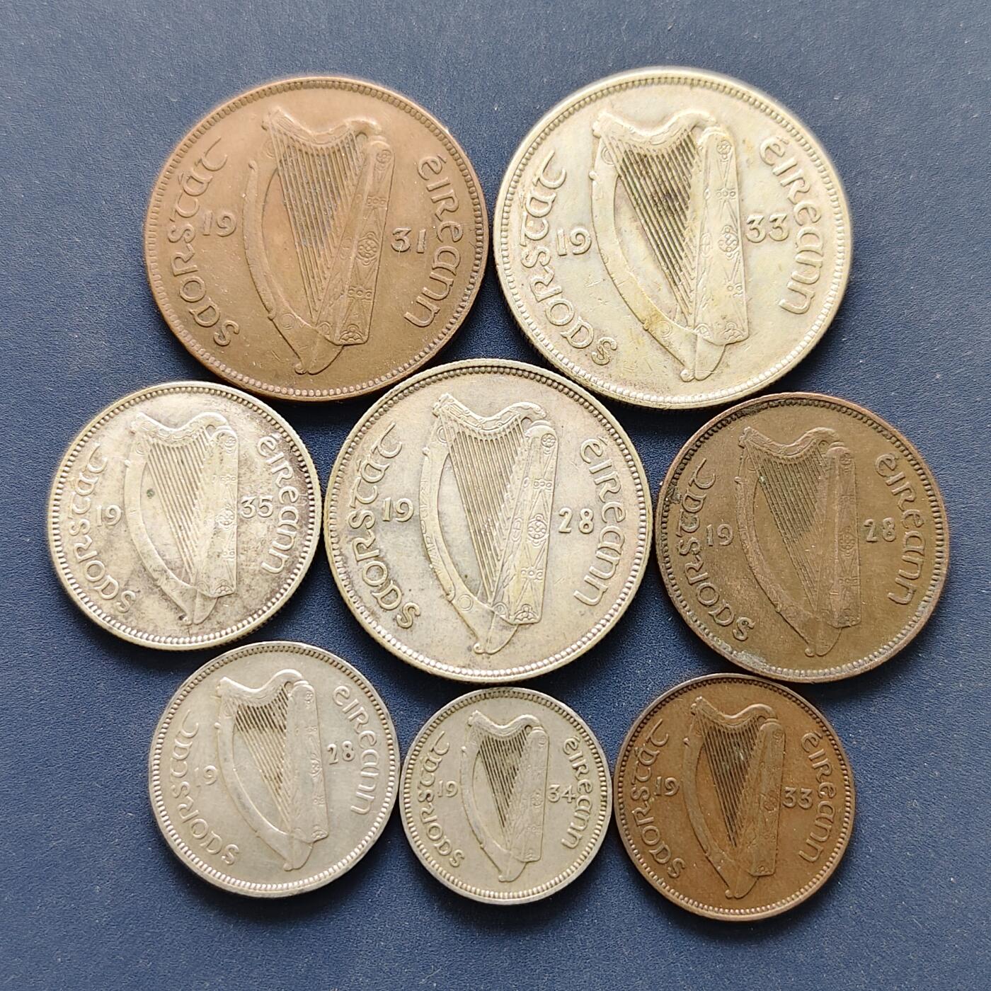 【全场包邮】纯粹捡漏拍495场-持续更新中 爱尔兰自由邦1928-1935年3银2镍3铜8枚套币【纯银价约467元（按20元银价折算）】