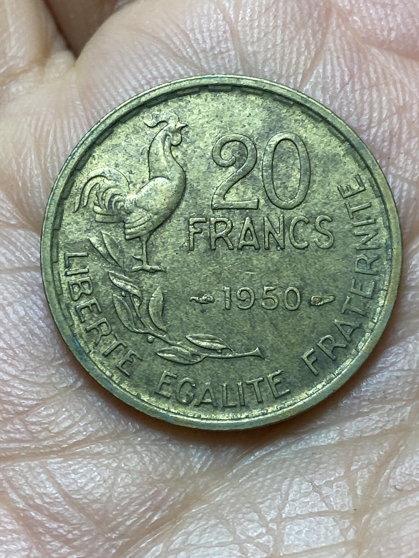 2026年第六场(总第一百七十五场）外国好品散币场(免佣金) 法兰西第四共和国1950年20法郎(头像后单排字4羽版)