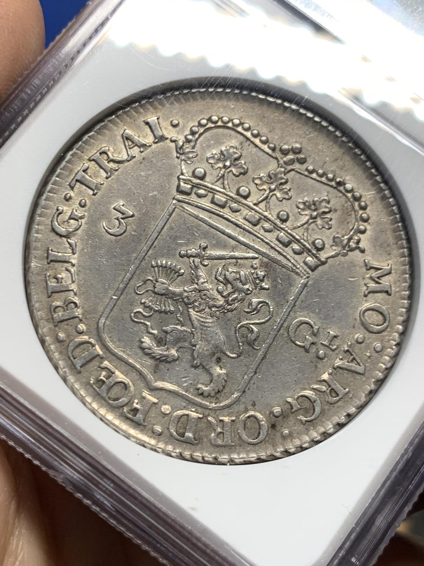 《竞宝斋》第456场 周日，周一，周二   3场连拍 （全场包邮）欢迎送拍 NGC AU58 荷兰 1764年 乌特勒支站人3盾大银币 经典站人女神 深打好状态