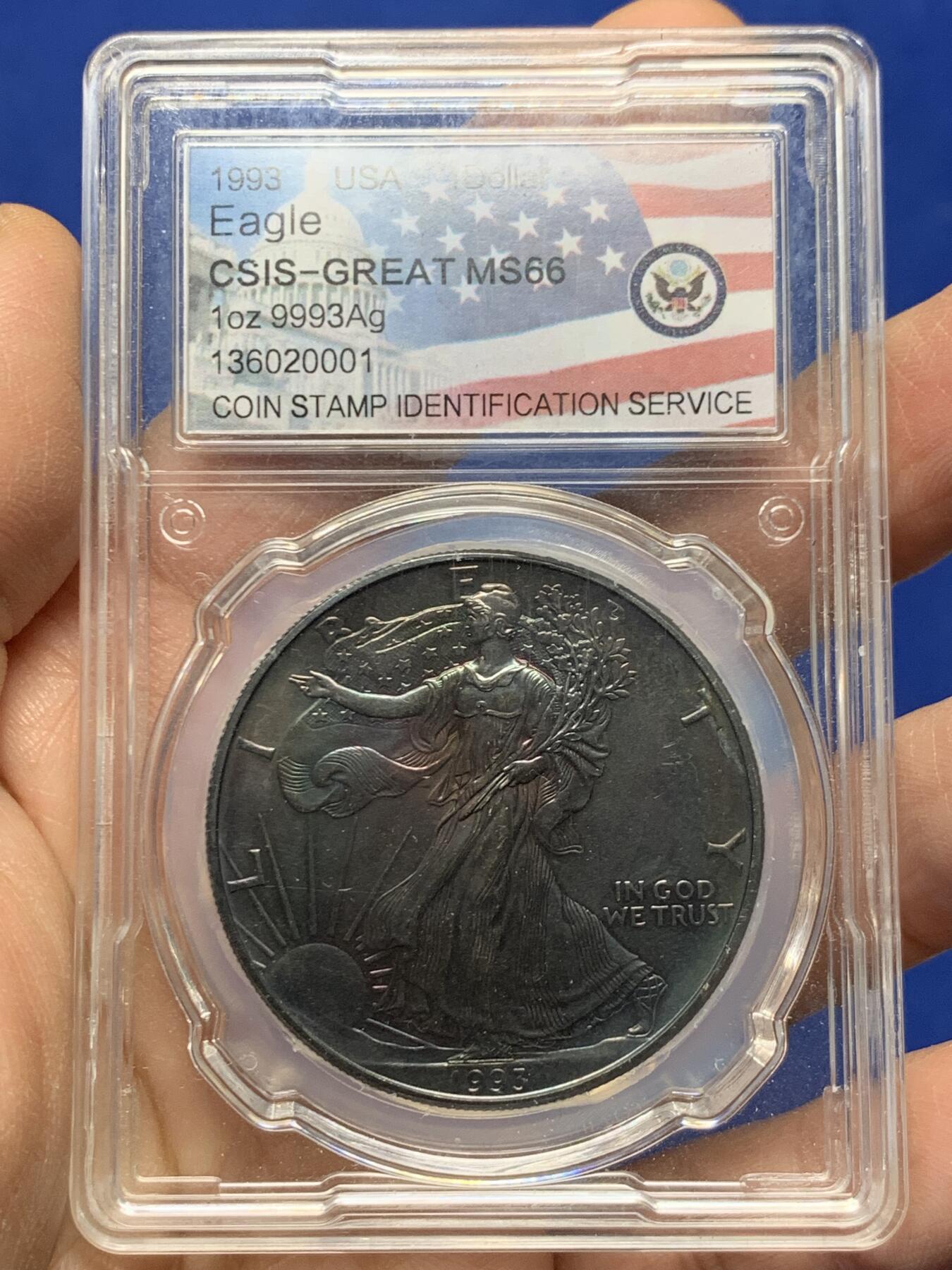 《竞宝斋》第456场 周日，周一，周二   3场连拍 （全场包邮）欢迎送拍 美国1993年行走女神投资银币 紫罗兰五彩包浆 藏玩两宜