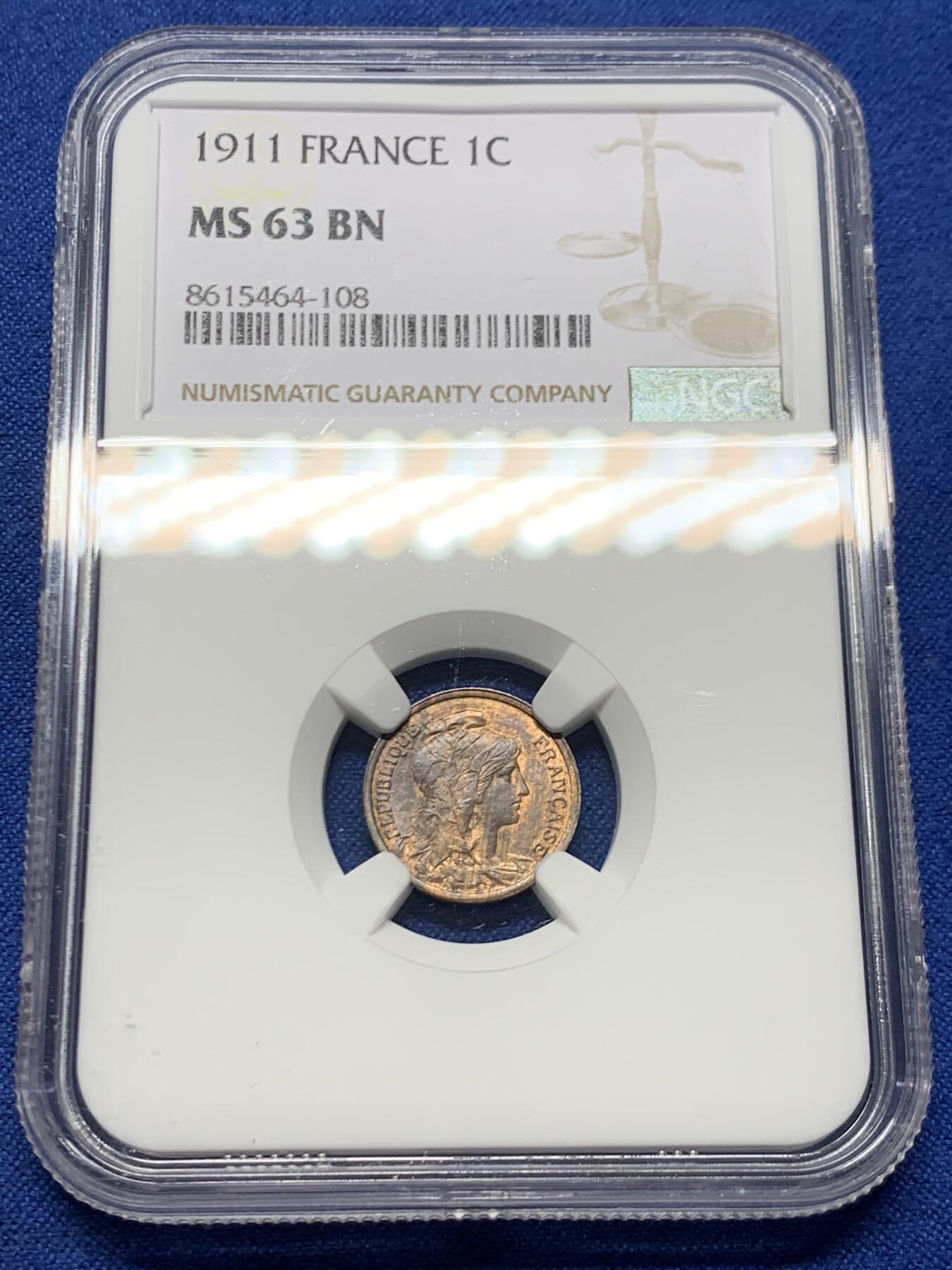 《竞宝斋》第456场 周日，周一，周二   3场连拍 （全场包邮）欢迎送拍 NGC MS63BN 法国1911年1分铜币