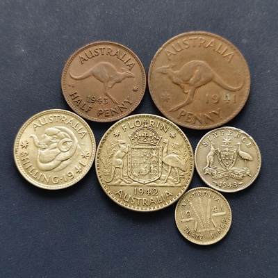 【全场包邮】纯粹捡漏拍504场 - 澳大利亚1941-1943年乔治六世925高银版4银2铜6枚套币