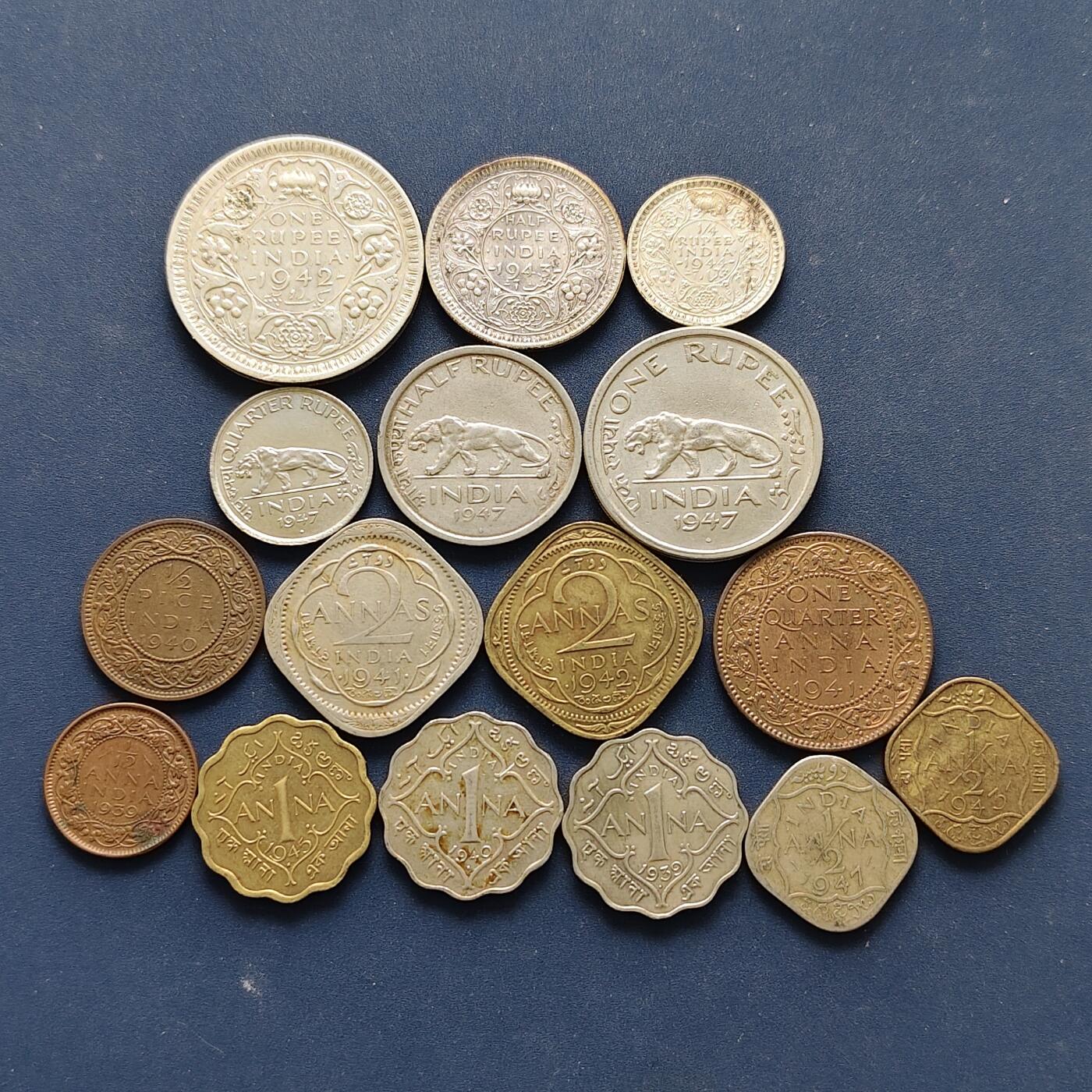 【全场包邮】纯粹捡漏拍495场-持续更新中 英属印度1939-1947年乔治六世各不同版本16枚一组【纯银价约203元（按20元银价折算）】