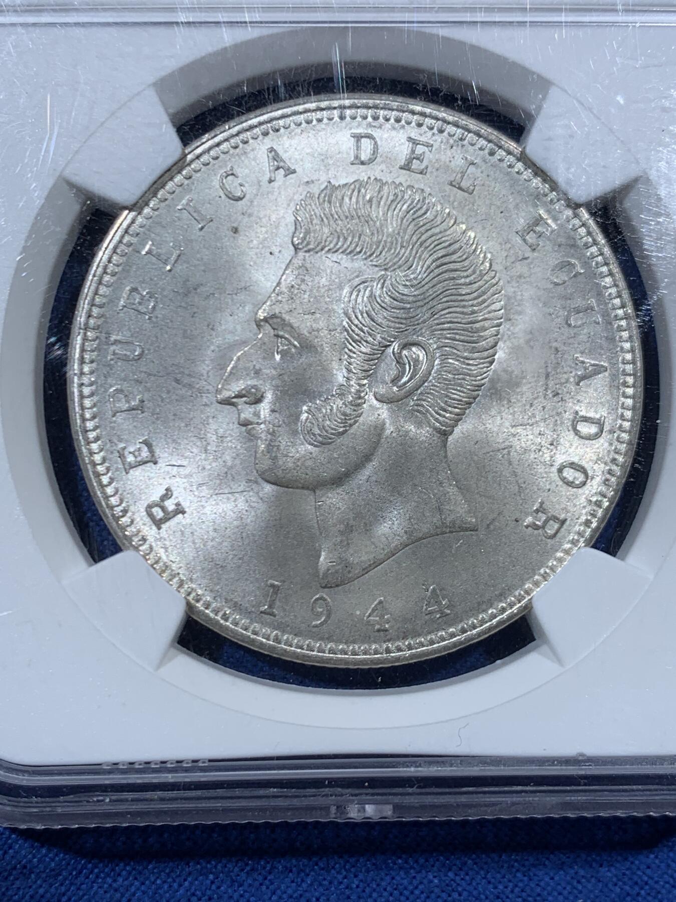 《竞宝斋》第456场 周日，周一，周二   3场连拍 （全场包邮）欢迎送拍 NGC MS64 厄瓜多尔1944年5苏克雷银币