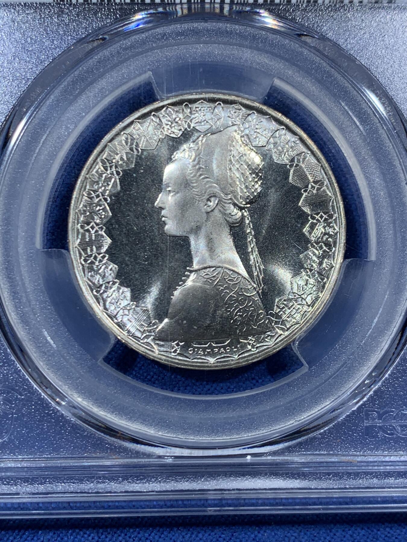 《竞宝斋》第456场 周日，周一，周二   3场连拍 （全场包邮）欢迎送拍 PCGS MS67 意大利 1970年 500里拉 银币 季军分 经典人妻设计