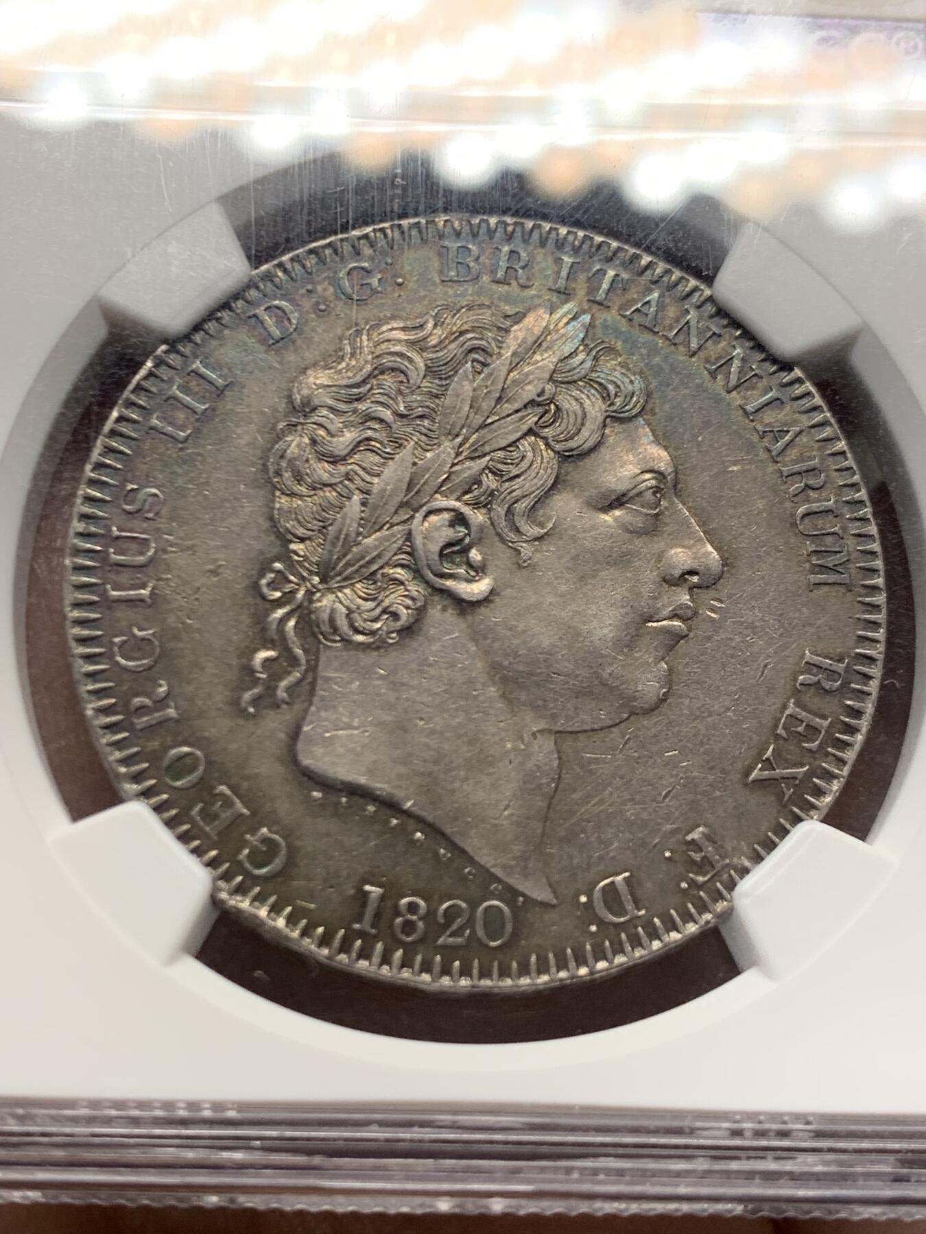 《竞宝斋》第456场 周日，周一，周二   3场连拍 （全场包邮）欢迎送拍 NGC AU58 英国1820乔治三世马剑克朗，英伦包浆