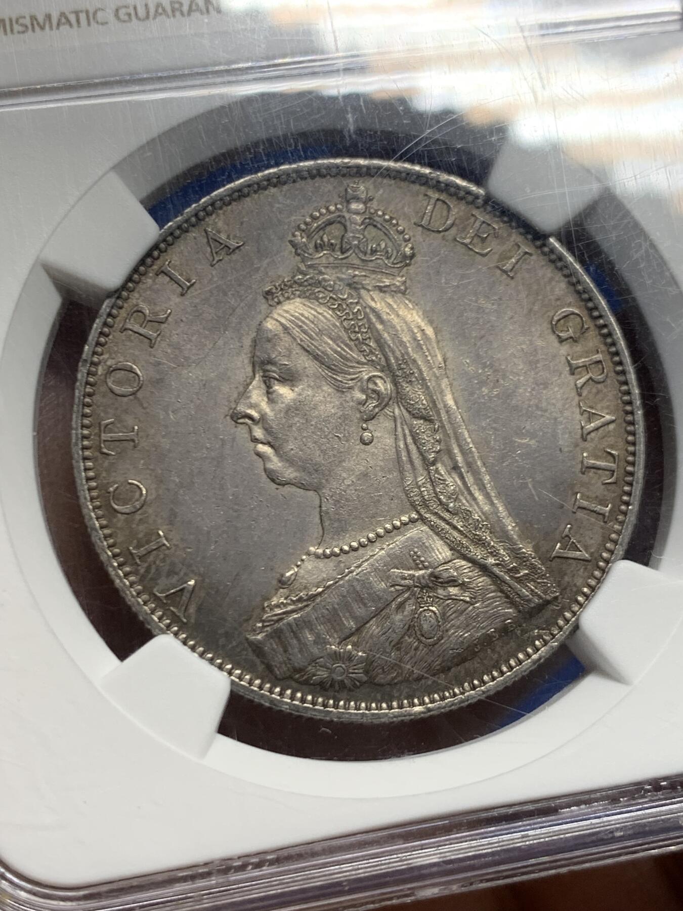 《竞宝斋》第456场 周日，周一，周二   3场连拍 （全场包邮）欢迎送拍 NGC MS63 英国1887年维多利亚高冠双弗洛林4S银币 高分罗马1版本