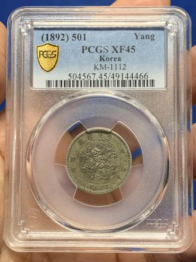 《竞宝斋》第456场 周日，周一，周二   3场连拍 （全场包邮）欢迎送拍 - PCGS XF45 朝鲜1893年开国五百二年双龙一两银币，原味老包浆，标签错标501年