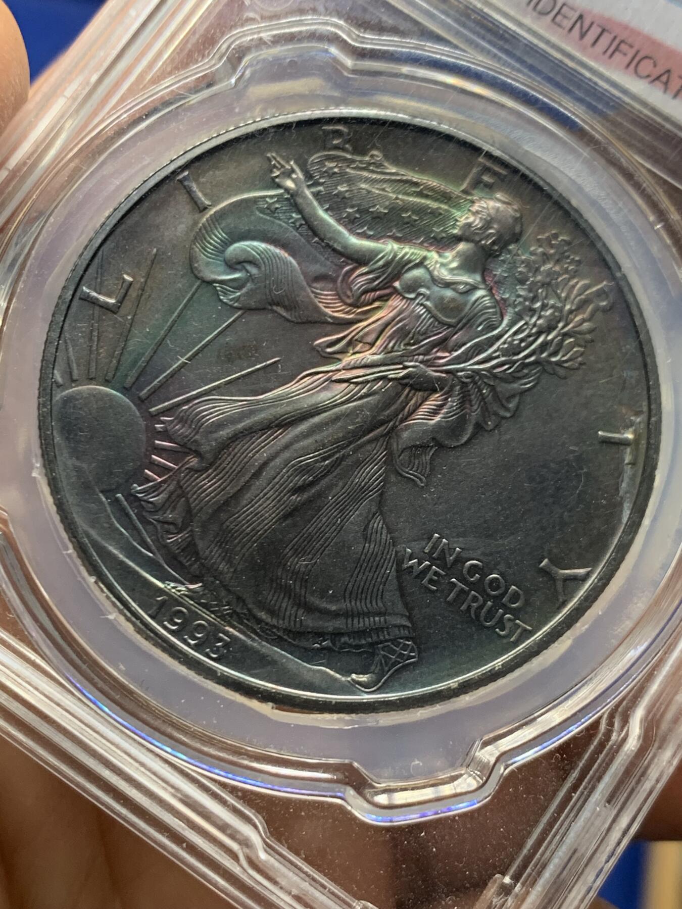 《竞宝斋》第456场 周日，周一，周二   3场连拍 （全场包邮）欢迎送拍 美国1993年行走女神投资银币 紫罗兰五彩包浆 藏玩两宜