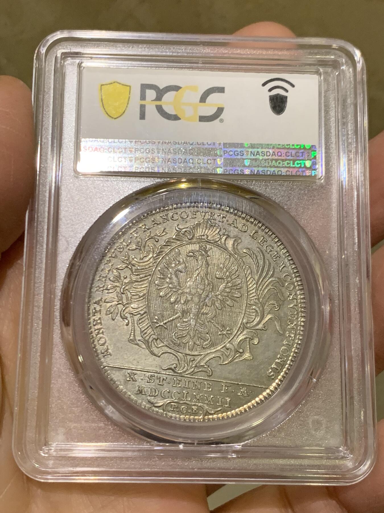 《竞宝斋》第456场 周日，周一，周二   3场连拍 （全场包邮）欢迎送拍 PCGS MS62 德国1772年法兰克福景观泰勒大银币