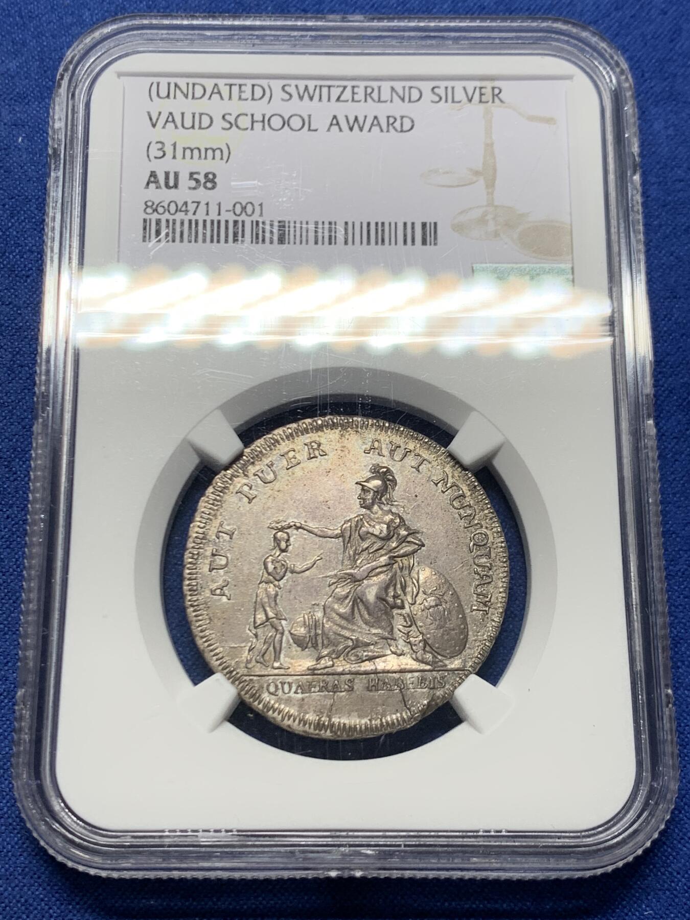 《竞宝斋》第456场 周日，周一，周二   3场连拍 （全场包邮）欢迎送拍 NGC AU58 瑞士 沃州学校银质奖章 莫里科费尔作品 早期经典品种