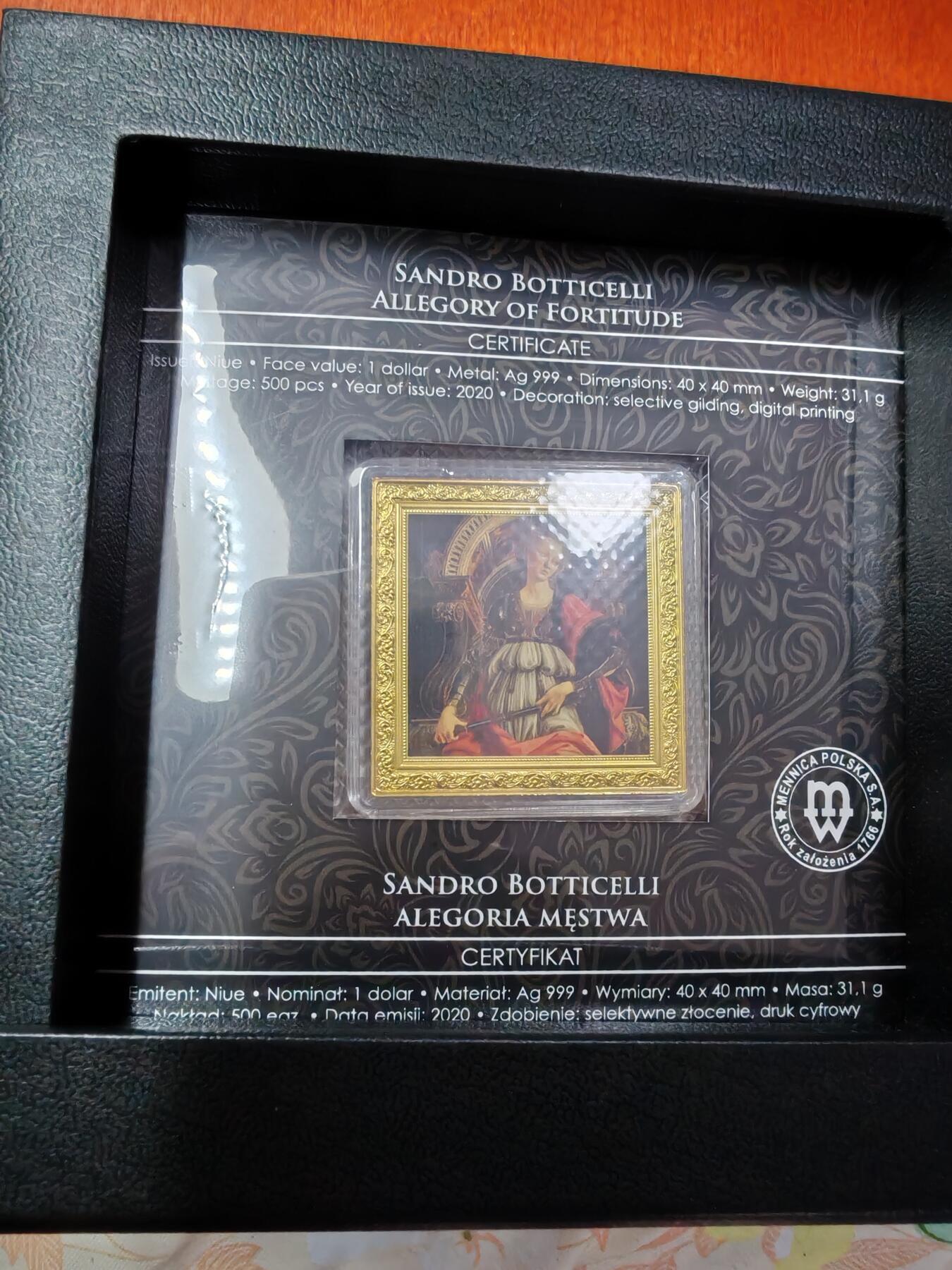 长老汇蛇年精选第九十三场拍卖 2020纽埃波提切利的名画大天使1元彩色方形精制银币，部分镀金，1盎司999银，盒证全，500枚