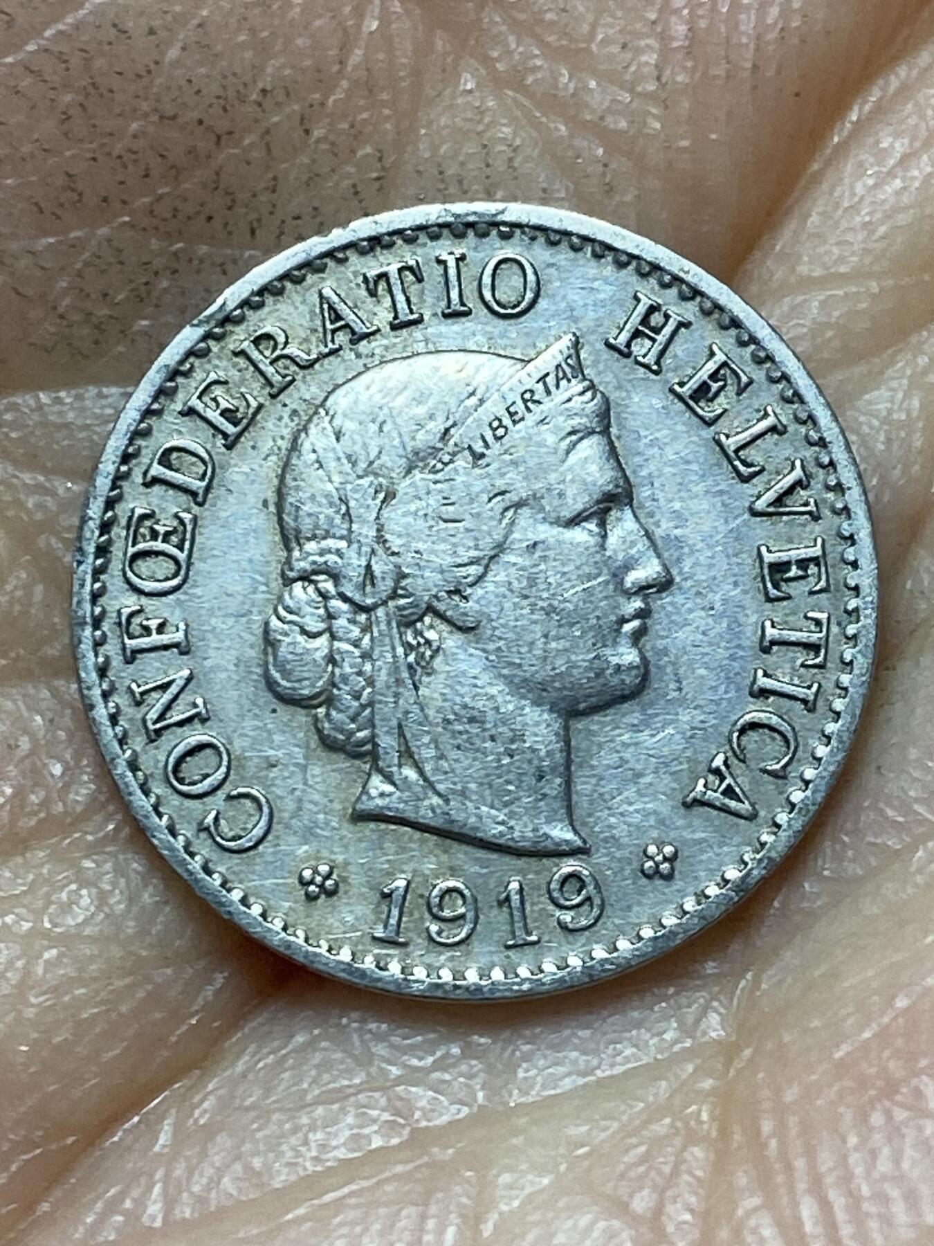 2026年第六场(总第一百七十五场）外国好品散币场(免佣金) 少见早期年份–瑞士🇨🇭1919年5拉彭(第二版，B标伯尔尼造)