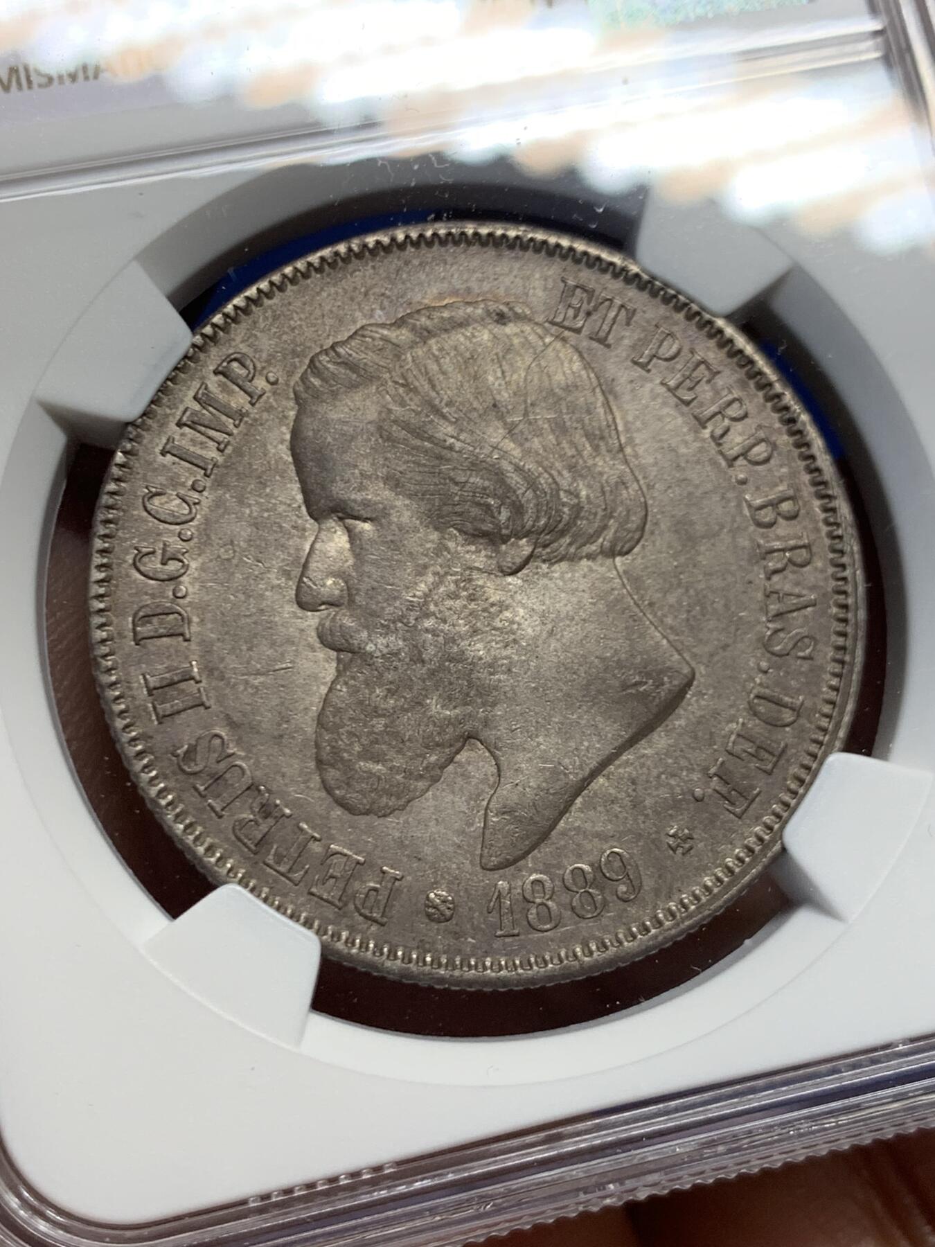 《竞宝斋》第456场 周日，周一，周二   3场连拍 （全场包邮）欢迎送拍 NGC AUD 巴西1889年2000里斯大银币 原味包浆味道不错