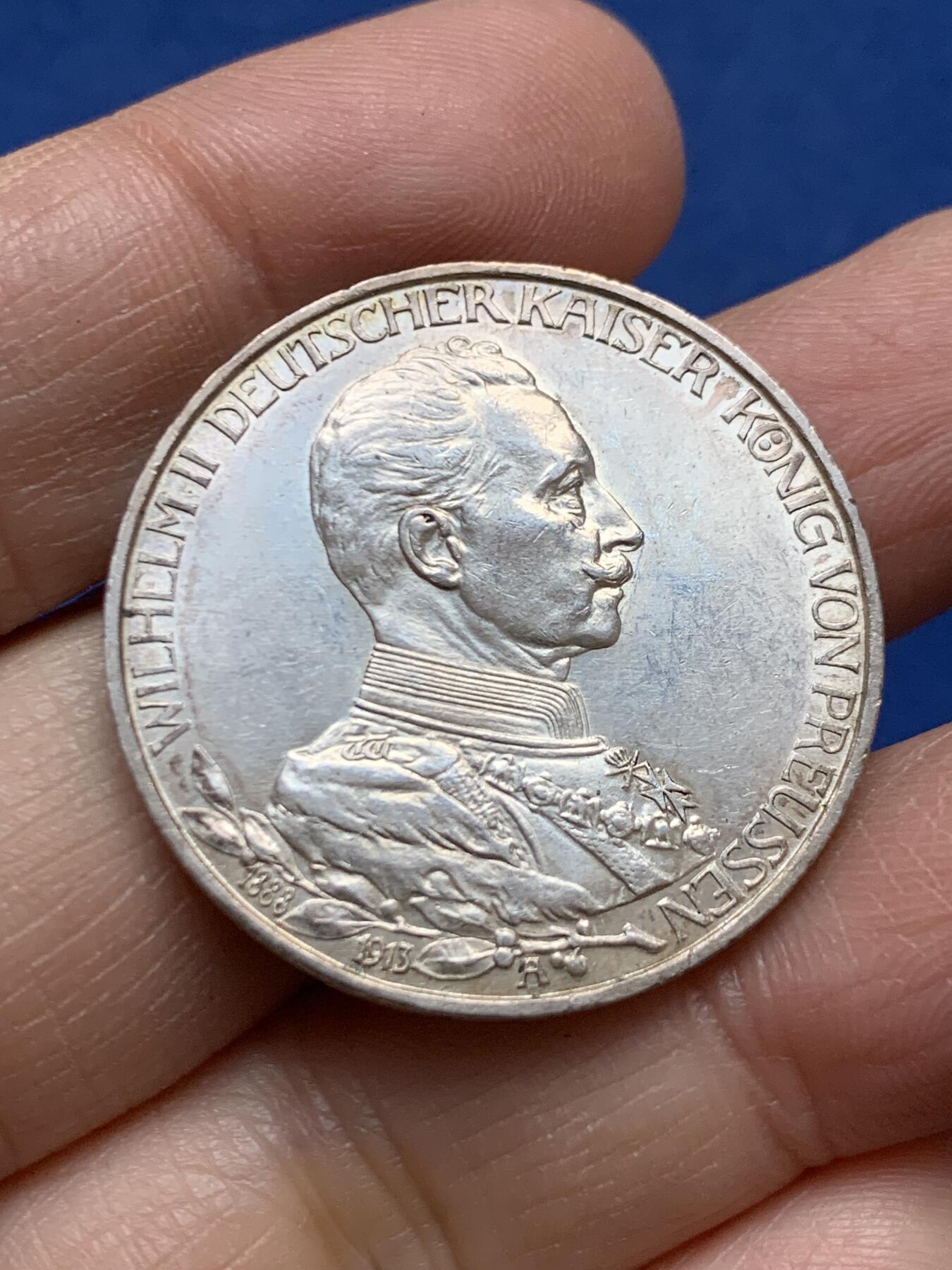 《竞宝斋》第456场 周日，周一，周二   3场连拍 （全场包邮）欢迎送拍 德国1913年威廉二世3马克银币 带光高细节