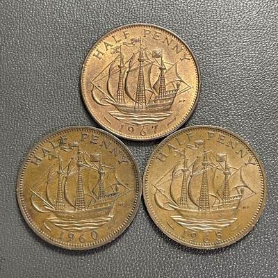 回流0110 - 英国1960、1965、1967年伊丽莎白女王半便士三枚