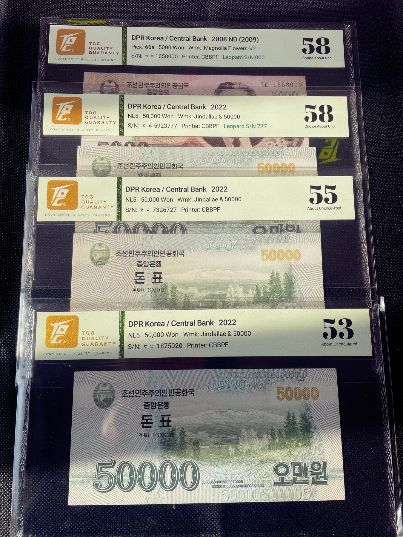 TQG朝鲜纸币 北朝鲜/北韩 朝鲜民主主义人民共和国50000元钱票 无4靓号-158元，尾号727 -208元， 豹子号777-268元， 5000元面额 -248元  