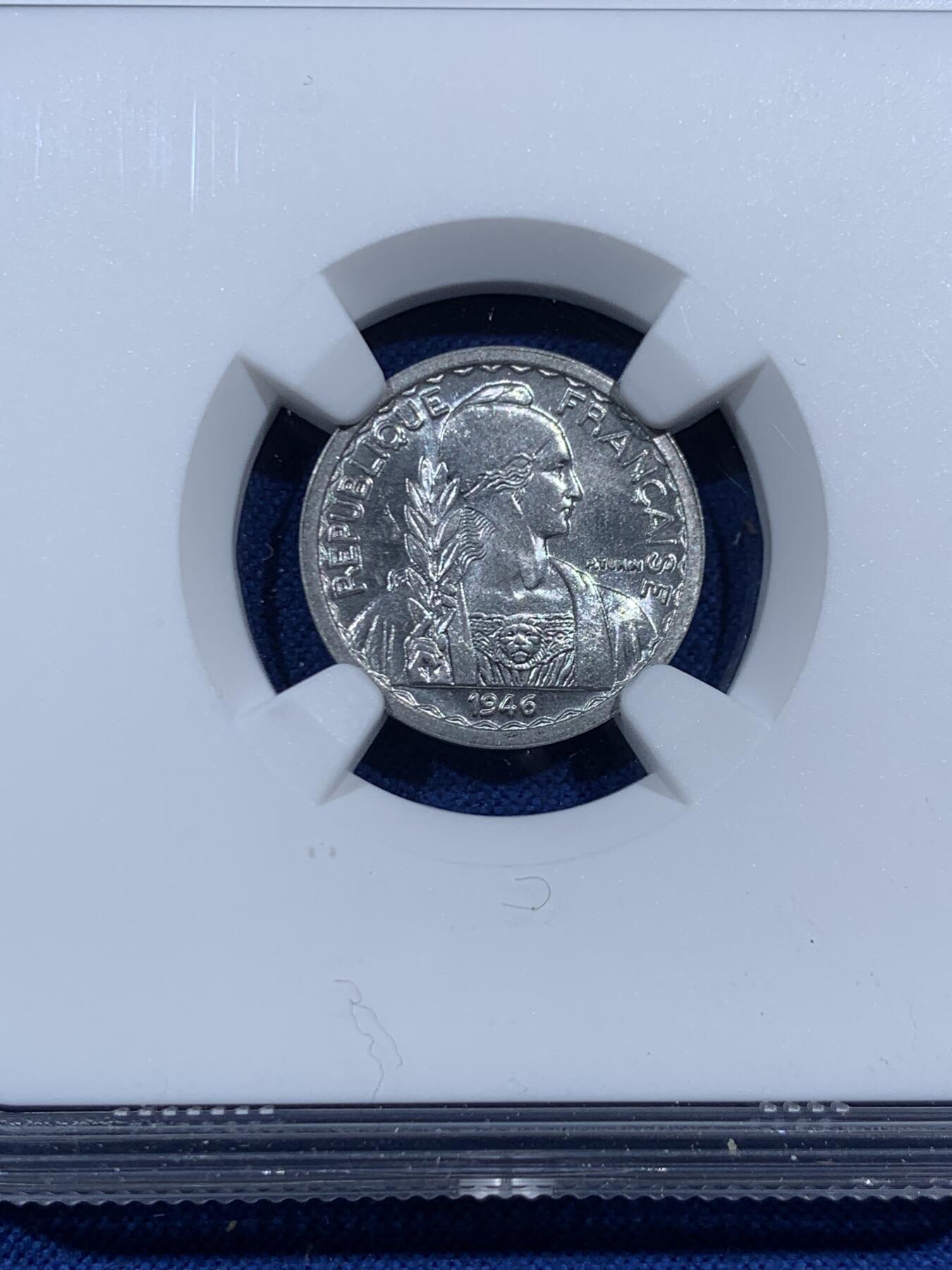 《竞宝斋》第457场 周日，周一，周二   3场连拍 （全场包邮）欢迎送拍 NGC MS64 法属印支5分铝币 车轮光状态 铝币容易腐蚀出分难!