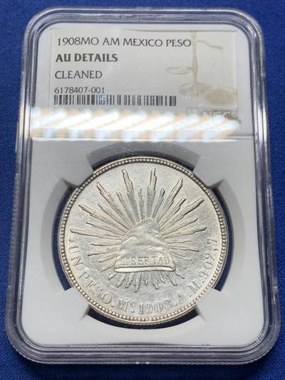 《竞宝斋》第457场 周日，周一，周二   3场连拍 （全场包邮）欢迎送拍 - NGC AUD 墨西哥1908年1比索鹰洋银币 MO AM 直边鹰洋
